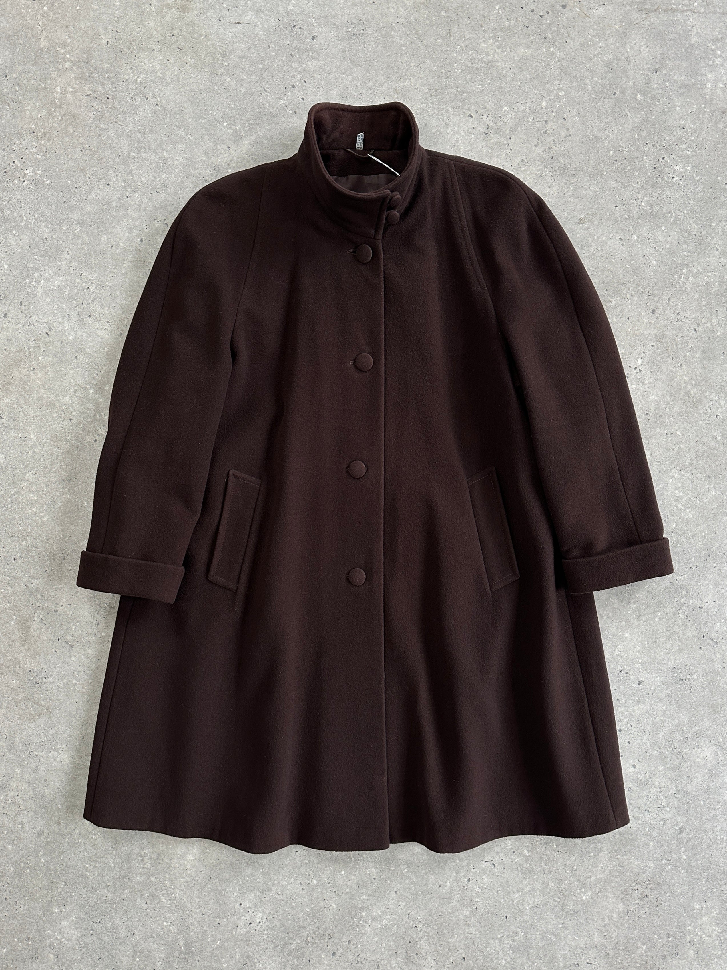 Vintage oversized wool A-line funnel neck coat in XL, featuring a classic design and cozy fabric for cold weather.