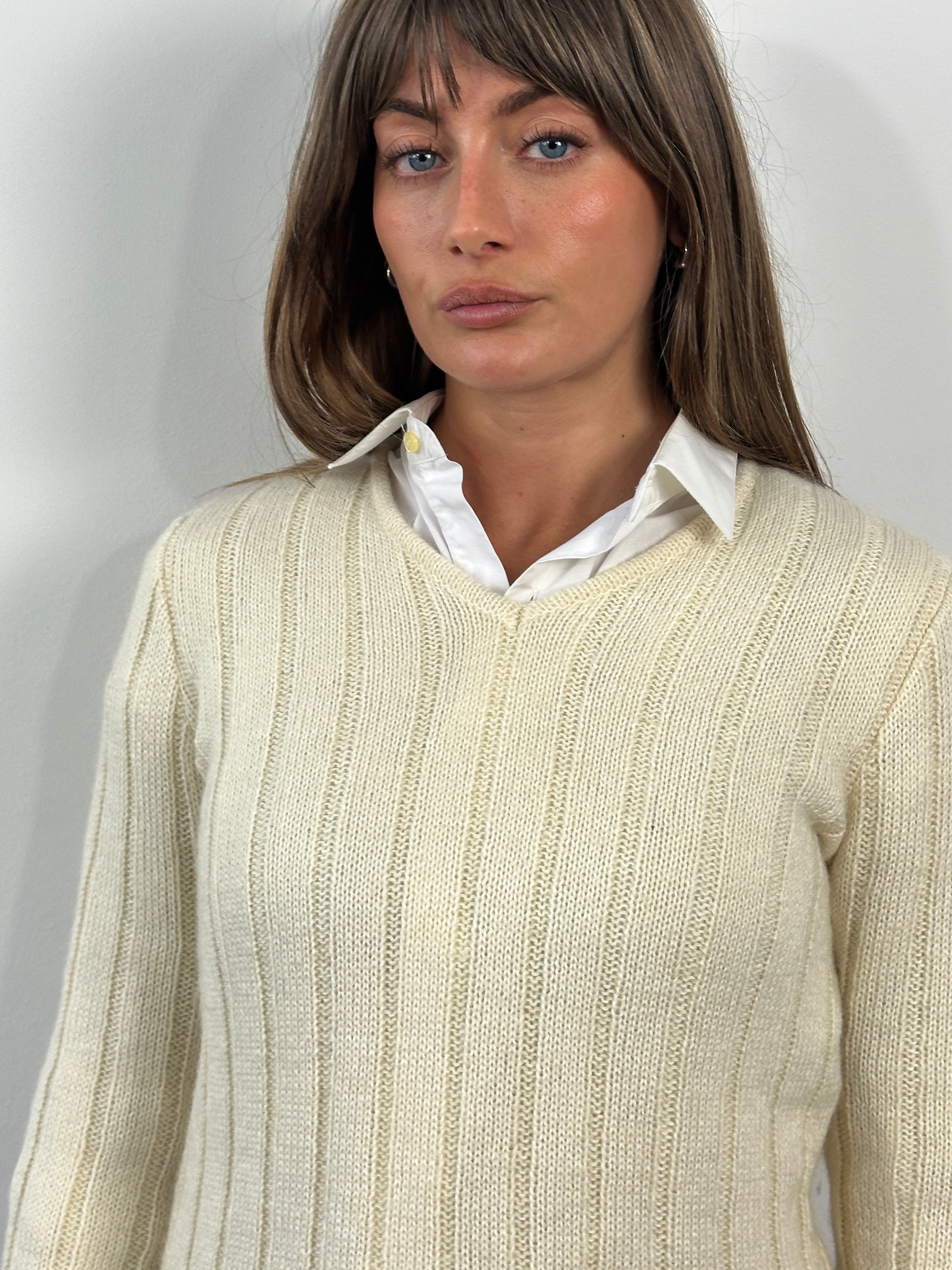 Valentino 1990s wool mohair V-neck knitted jumper in size S, featuring a soft, textured knit with a classic design.