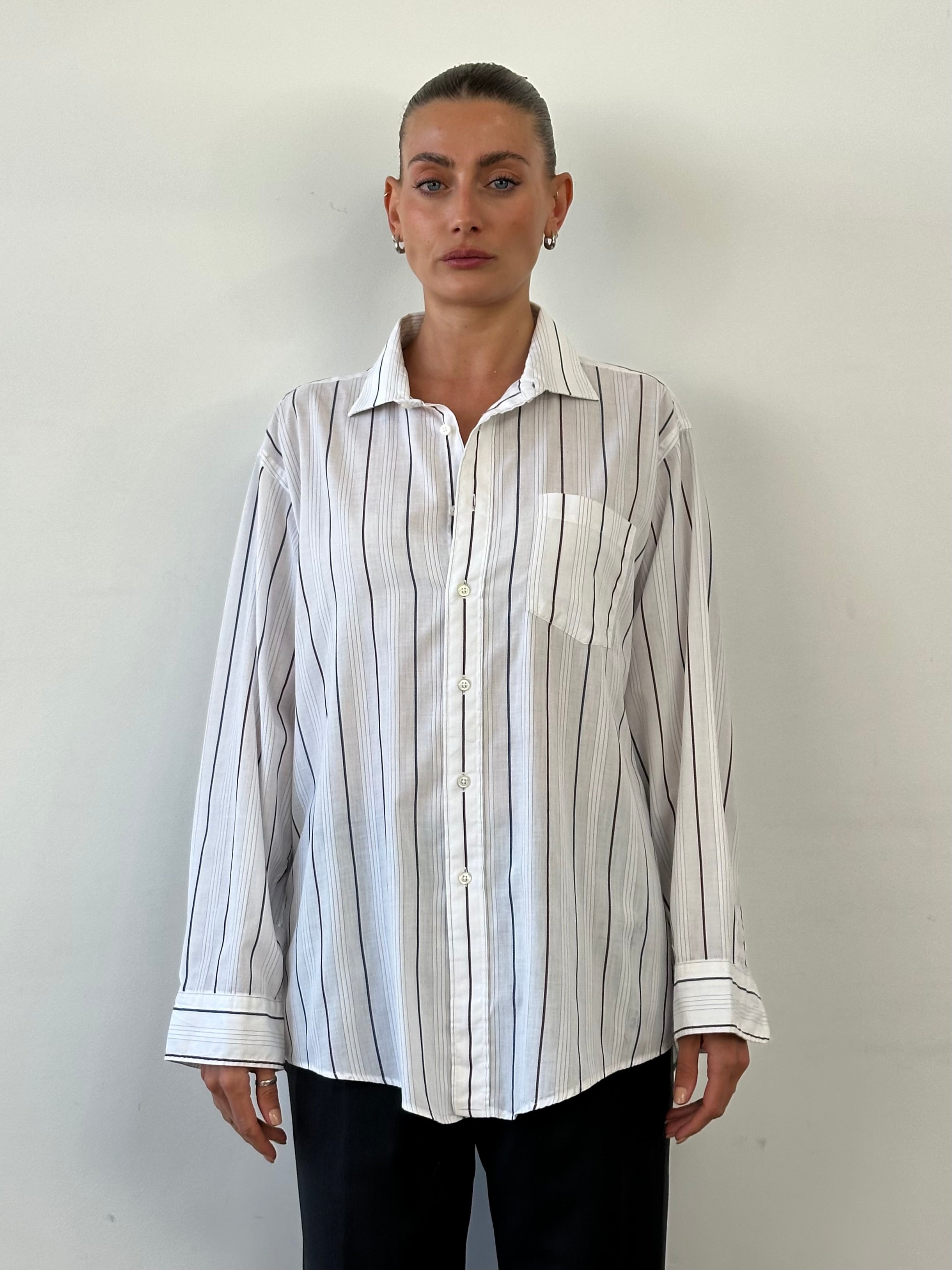 Christian Dior Monsieur striped cotton shirt in XL, featuring a classic design with blue and white horizontal stripes.