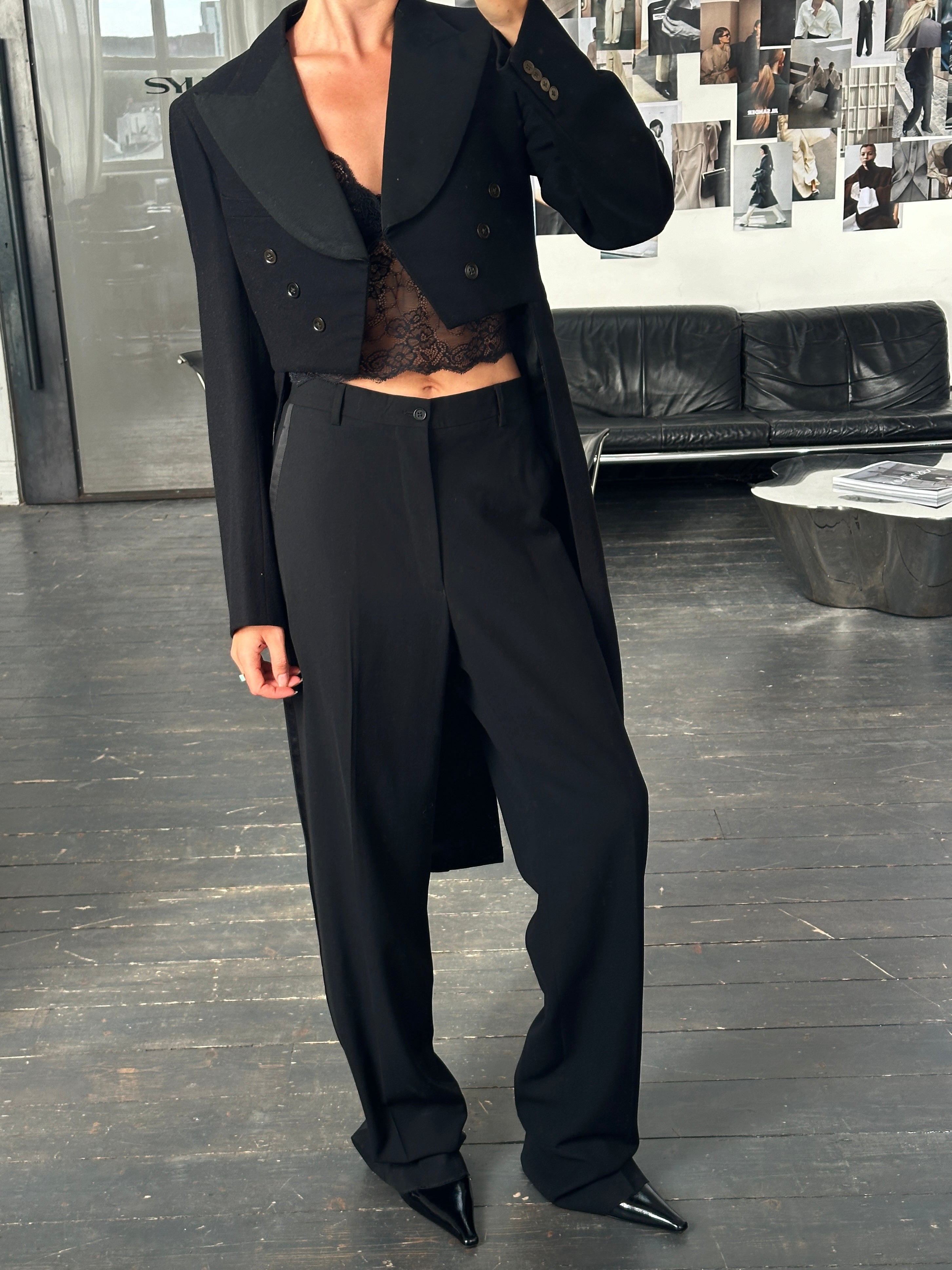 Vintage 1960s wool double-breasted tuxedo tailcoat blazer in black, classic tailored design, size M.