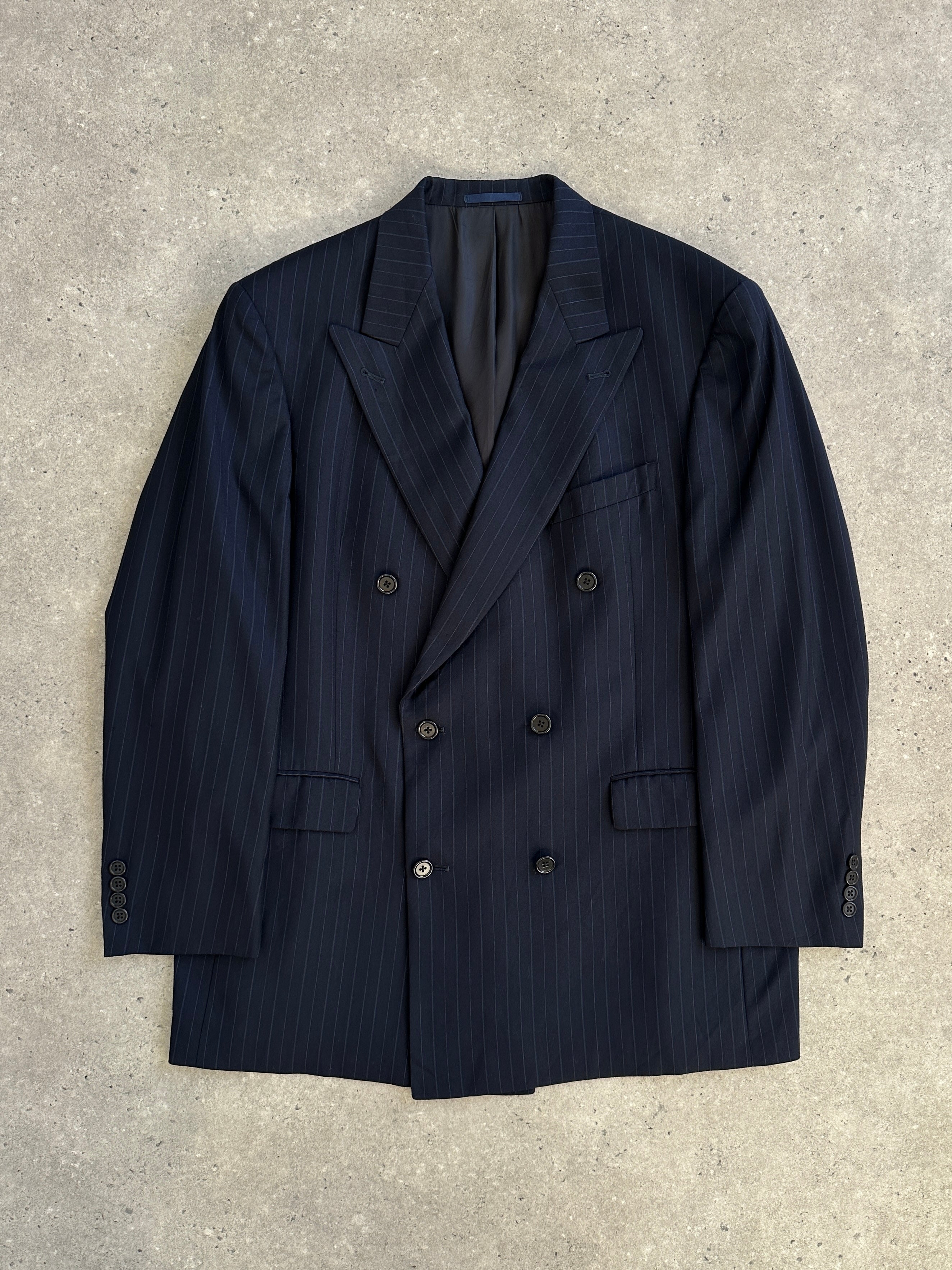 Daniel Cremieux x Loro Piana 1990s pure wool stripe double-breasted blazer, size 42R/XL, featuring classic tailored design.