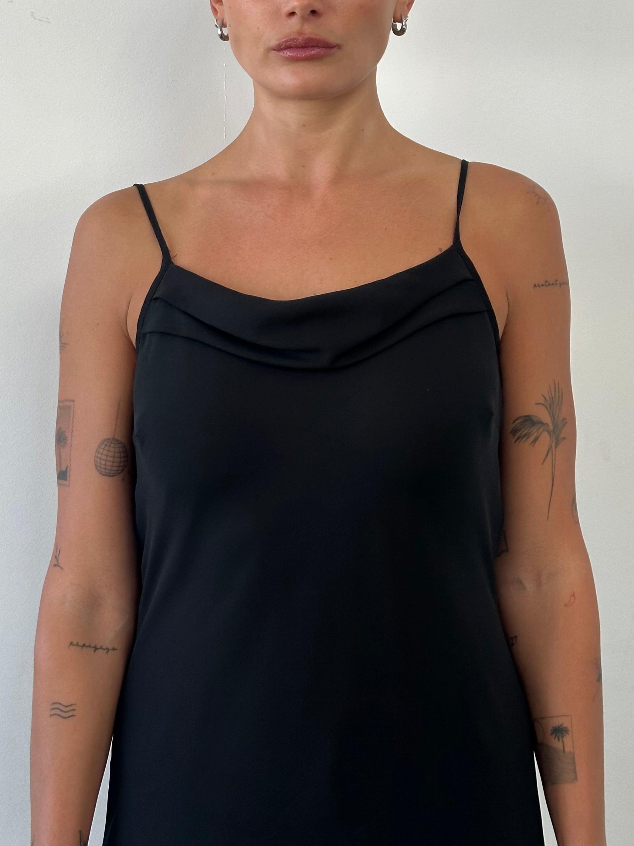 Italian Vintage cowl neck maxi dress in size M, flowing fabric with elegant drape and vintage-inspired style.