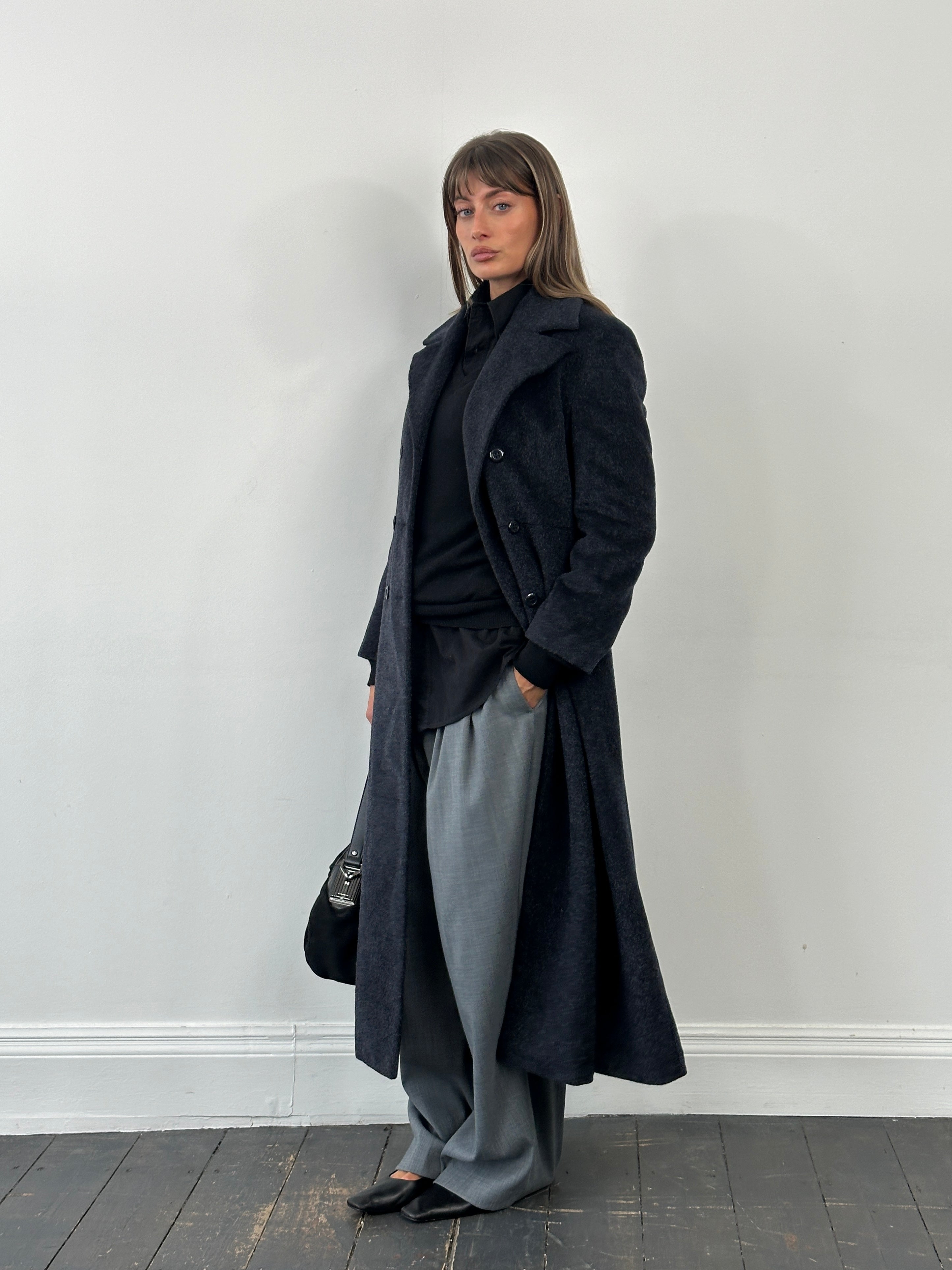 Vintage 1990s wool mohair double-breasted coat in S/M, showcasing classic style and textured fabric detail.