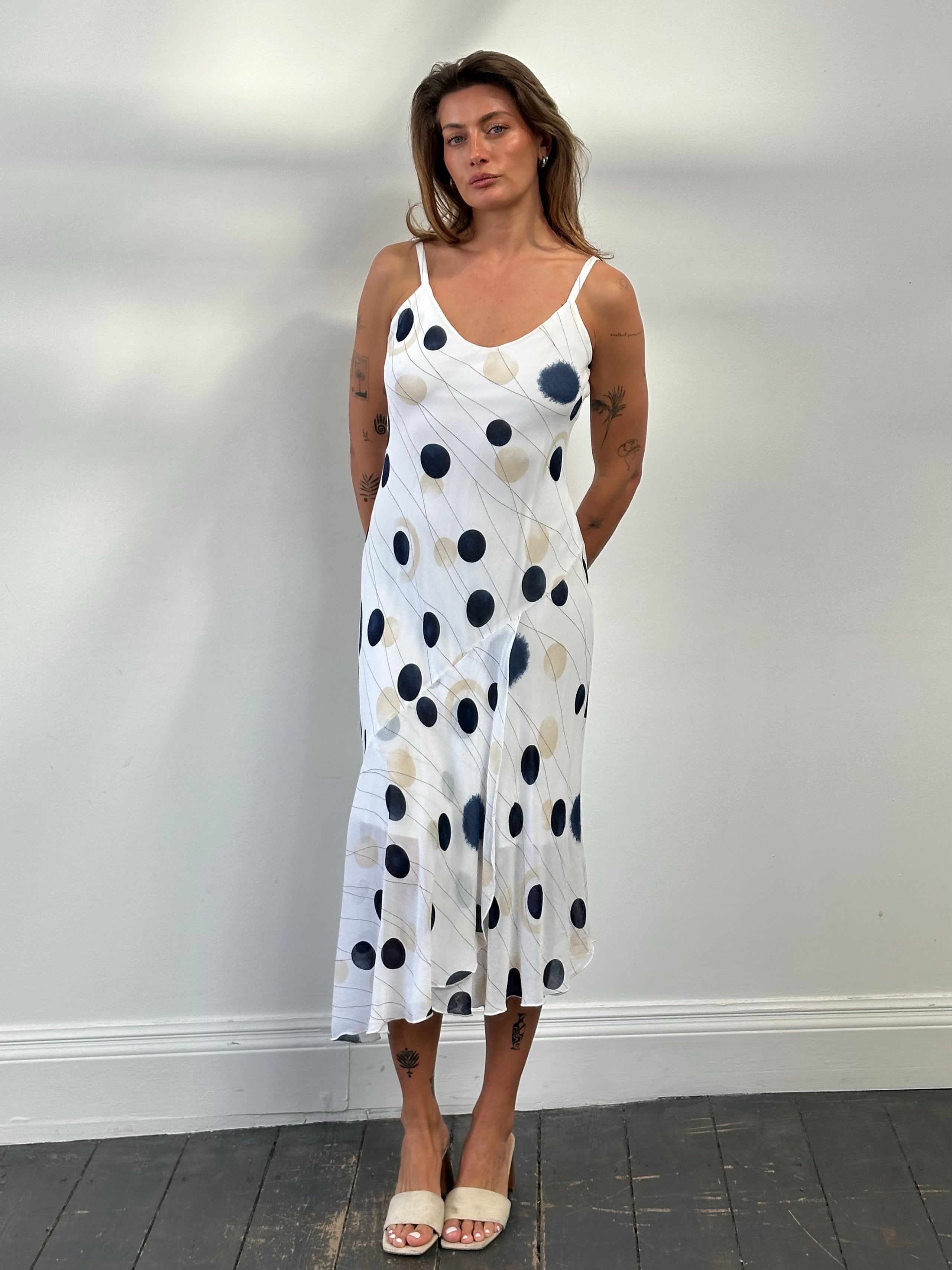 MANI 1990s spotted two-piece slip dress set, M/L, featuring a vintage style with a matching top and skirt in a bold pattern.