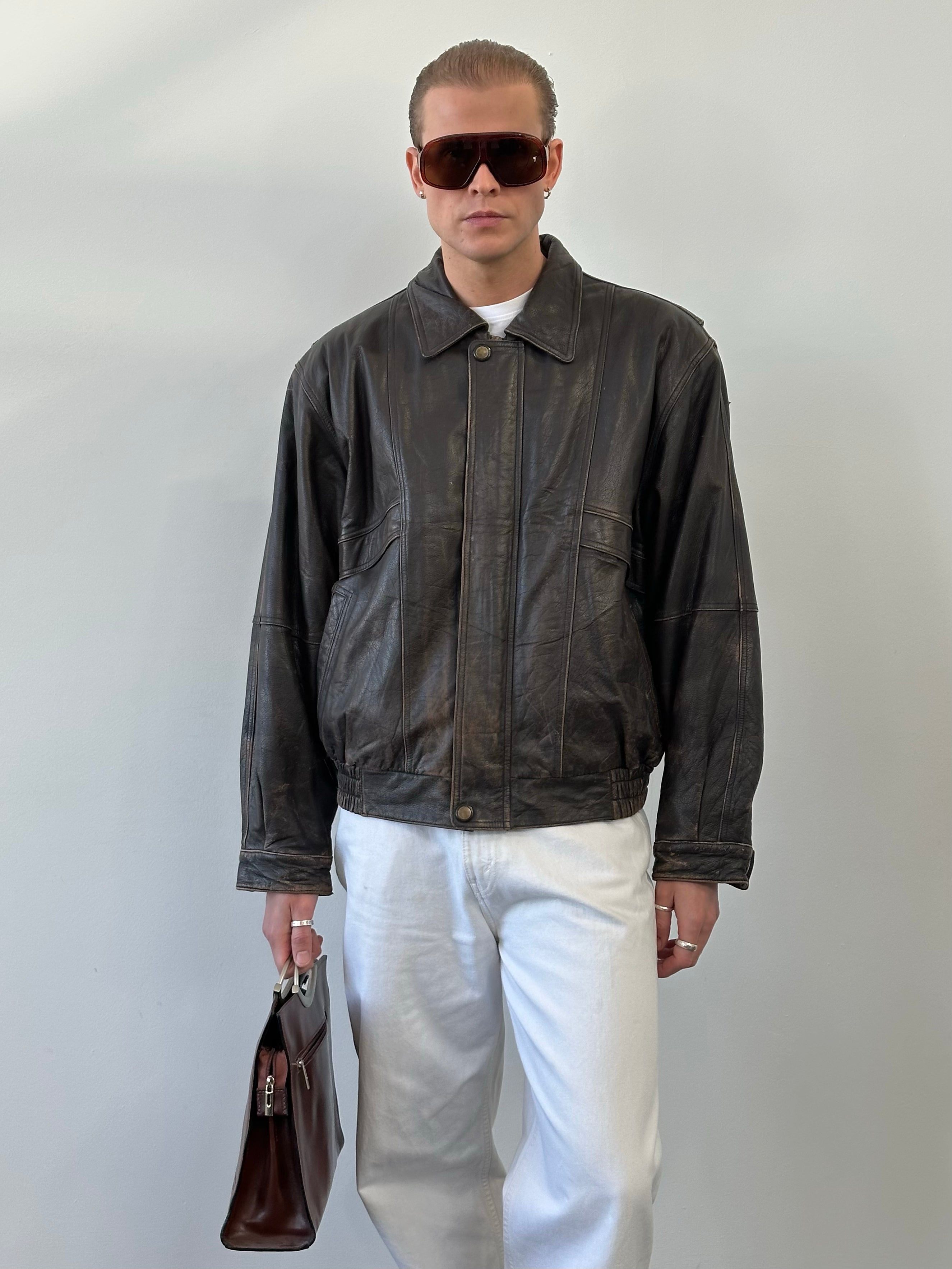 Vintage 1990s Distressed Leather Bomber Jacket - XL