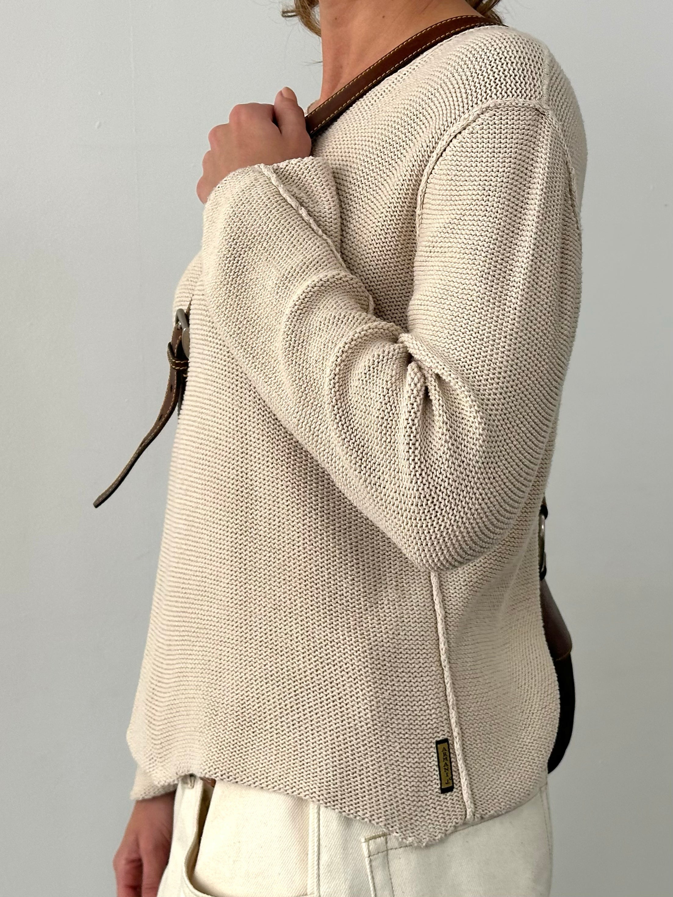 Armani Jeans 1990s pure cotton knit jumper in size M, featuring a classic crewneck design and textured fabric.