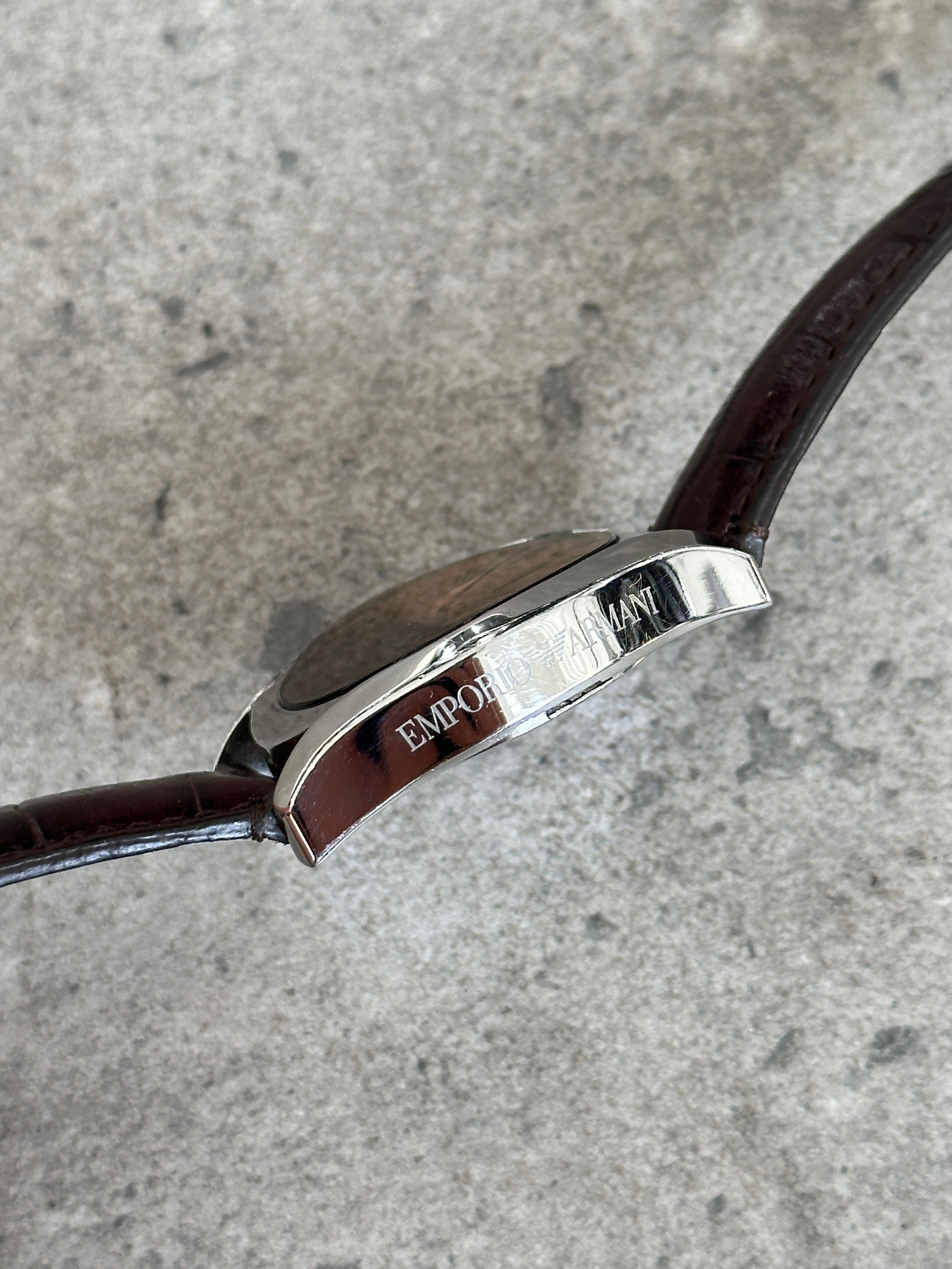 Emporio Armani 2000s Stainless Steel Leather Logo Watch