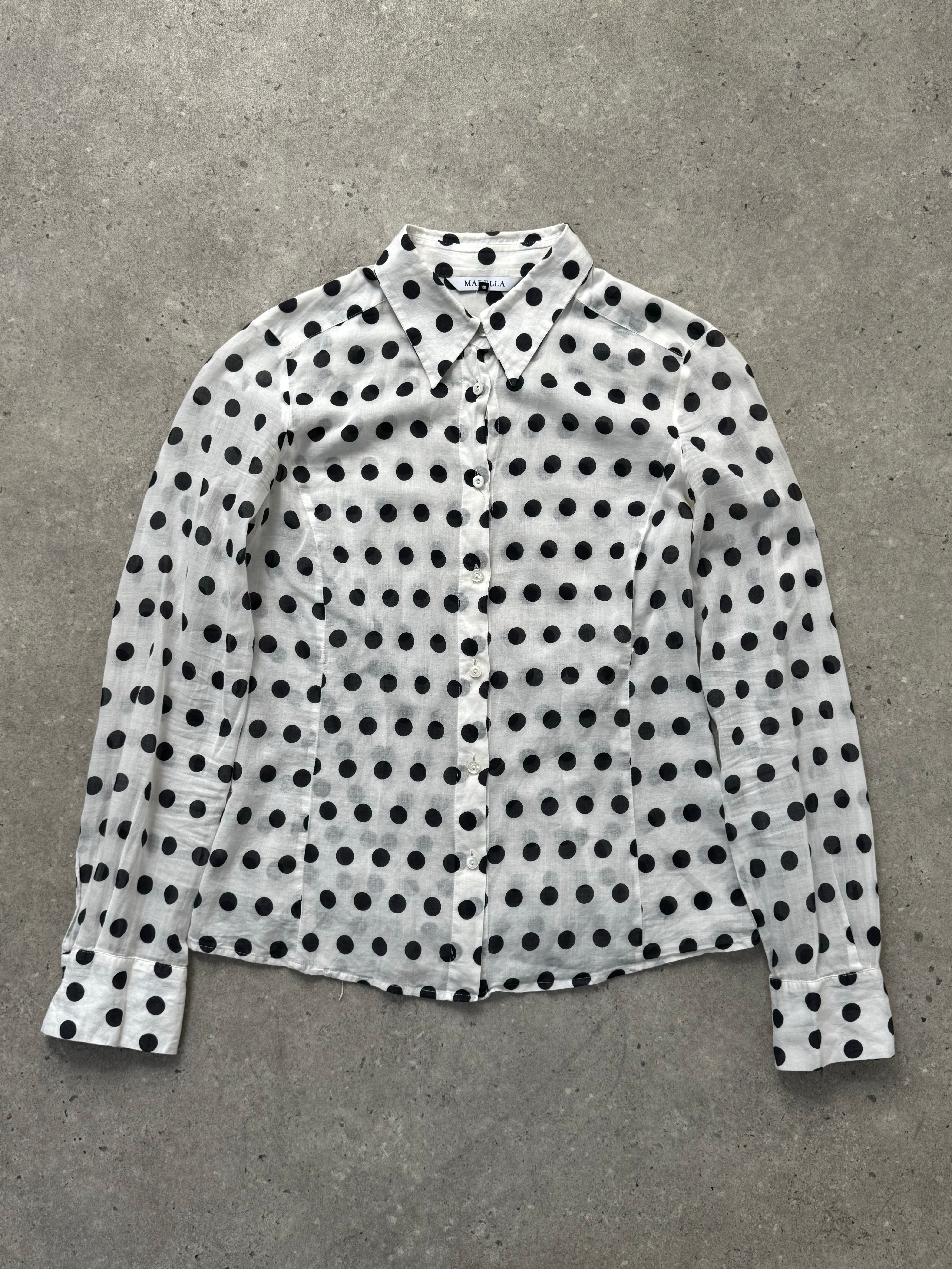 Marella 2000s pure cotton polka dot shirt in white with black dots, casual long-sleeve shirt for women, front view.