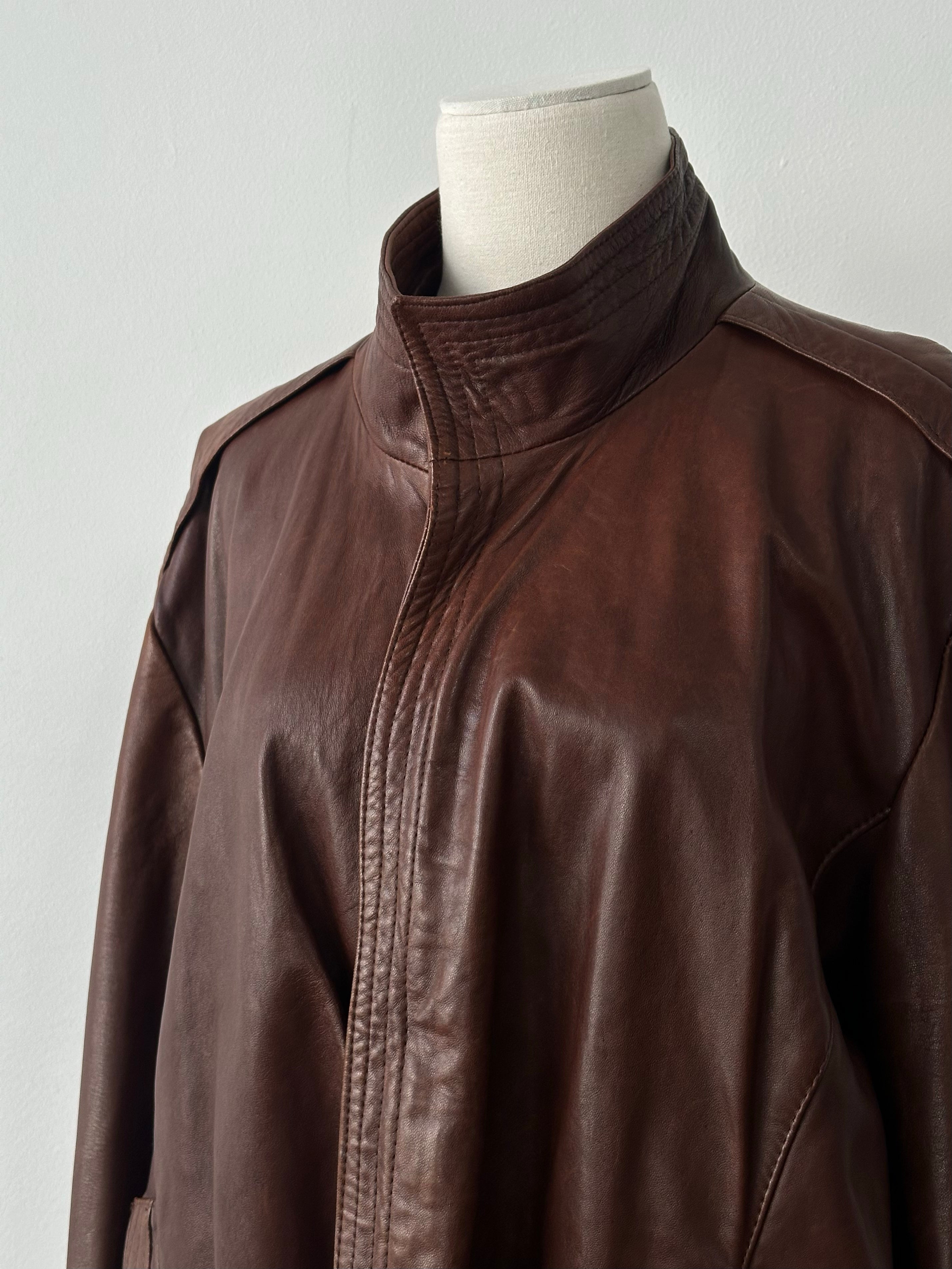 British Vintage 1980s High Neck Leather Bomber Jacket - L