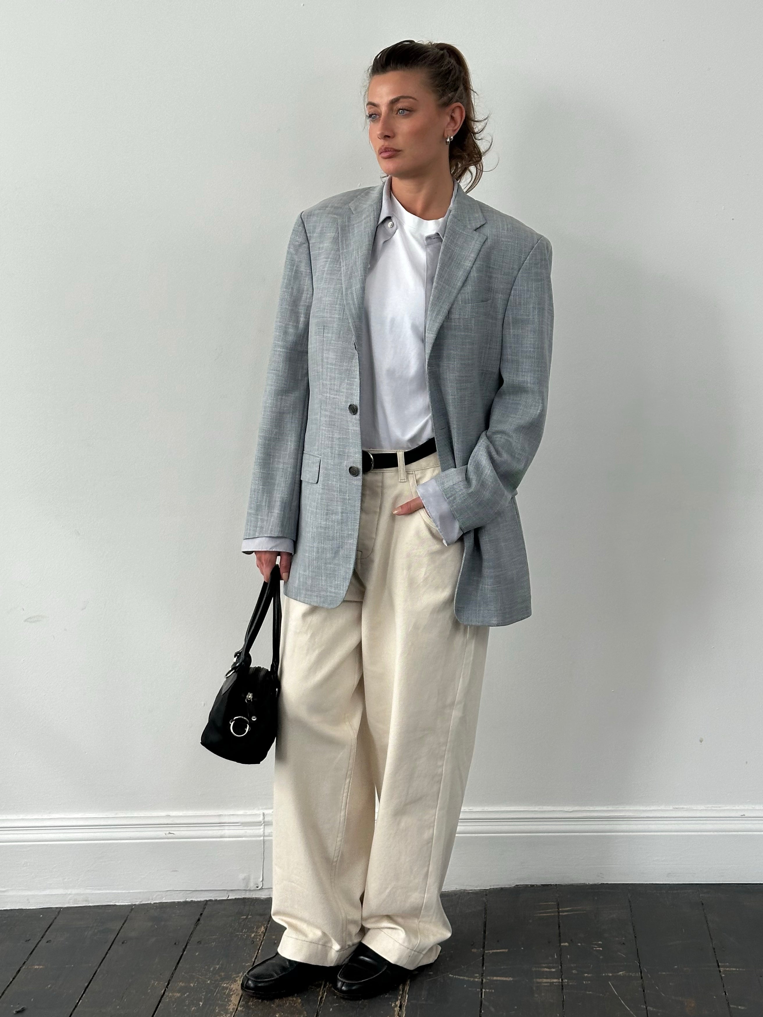 Loro Piana 1990s single-breasted blazer by Rene Lezard, in size L/XL, featuring classic tailored fit and high-quality fabric.