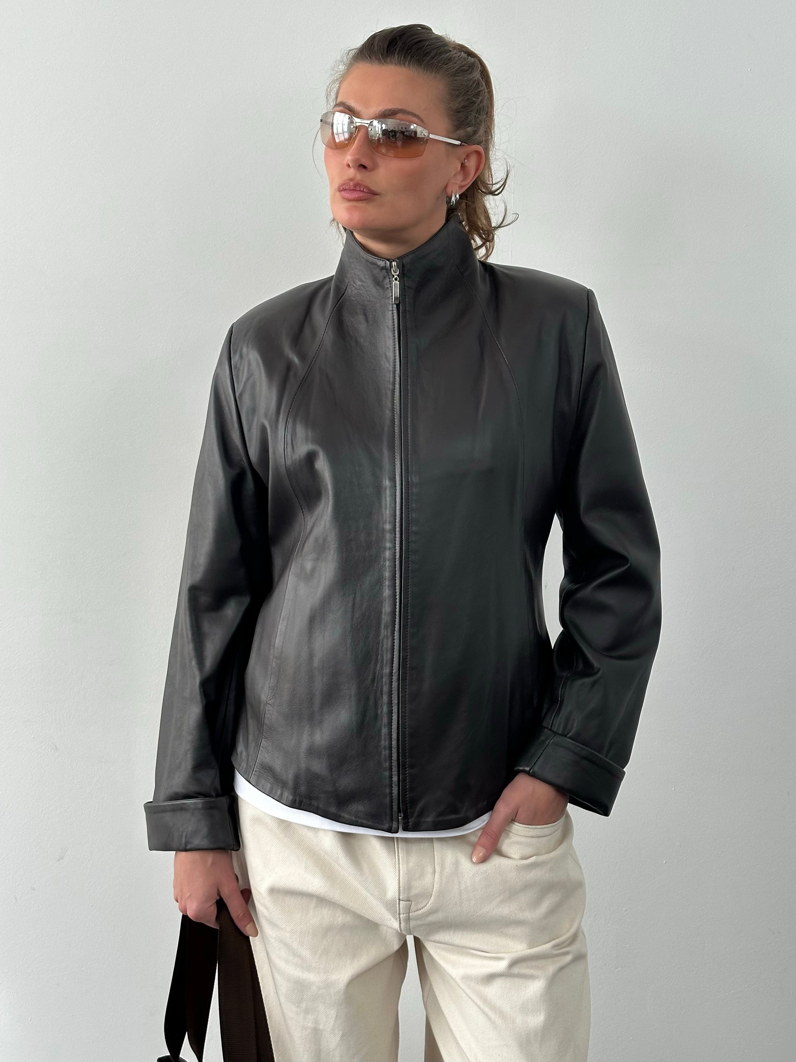 Vintage 1990s High Neck Leather Jacket - M/L