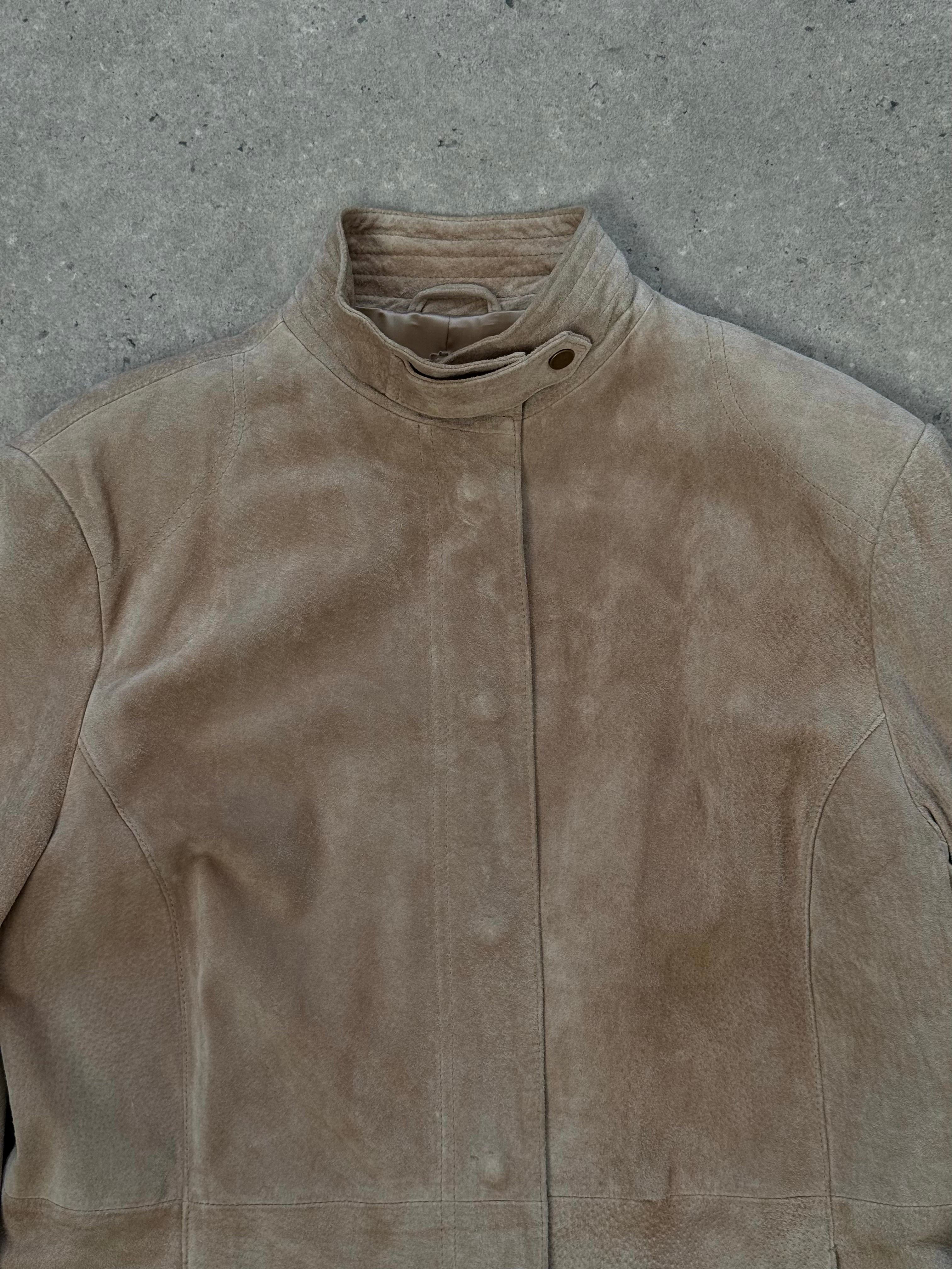 Vintage 1990s suede leather jacket with high neck, size M, featuring classic design and rich texture.