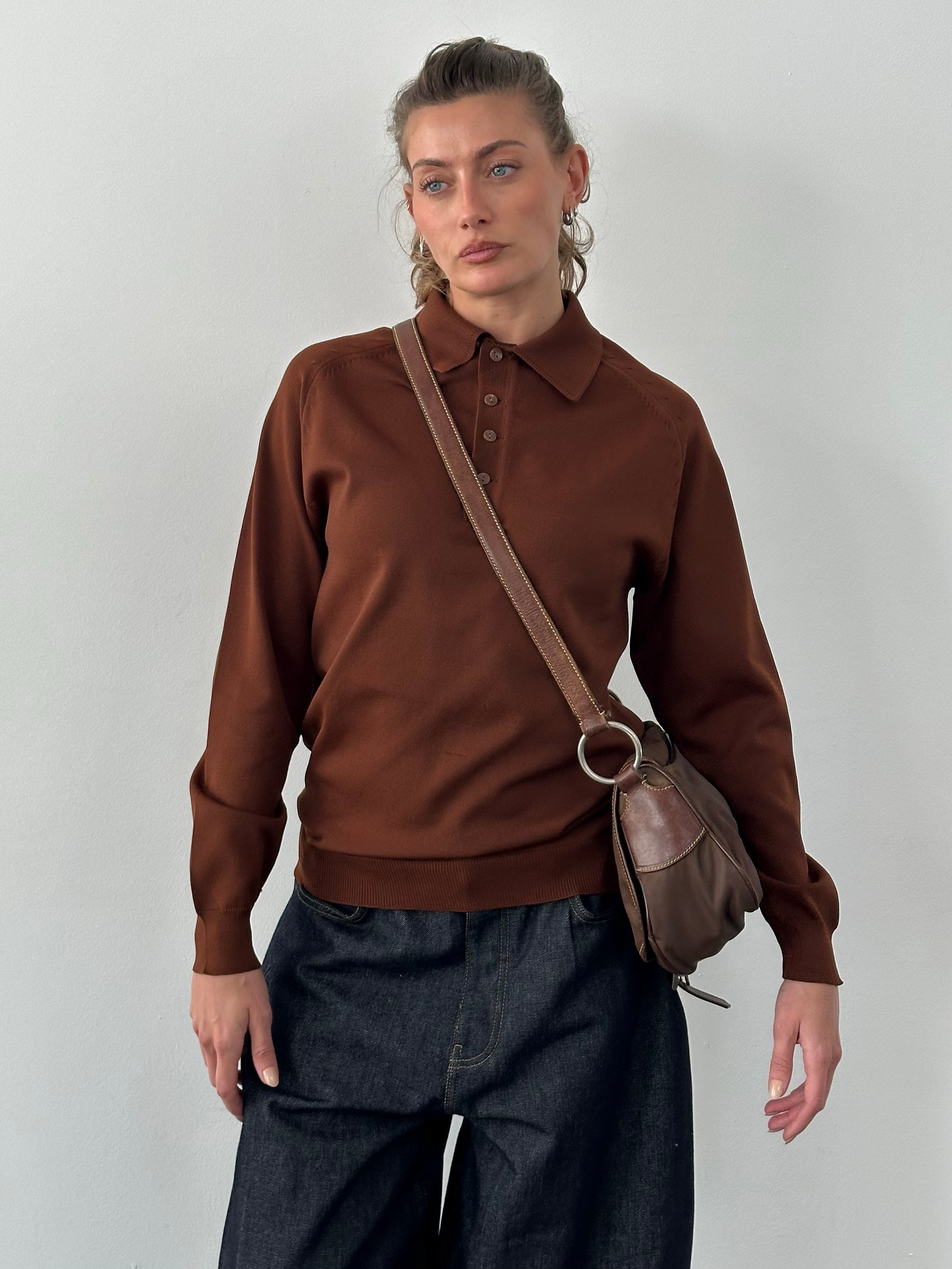 Vintage 1990s Button Neck Polo Jumper - S/M