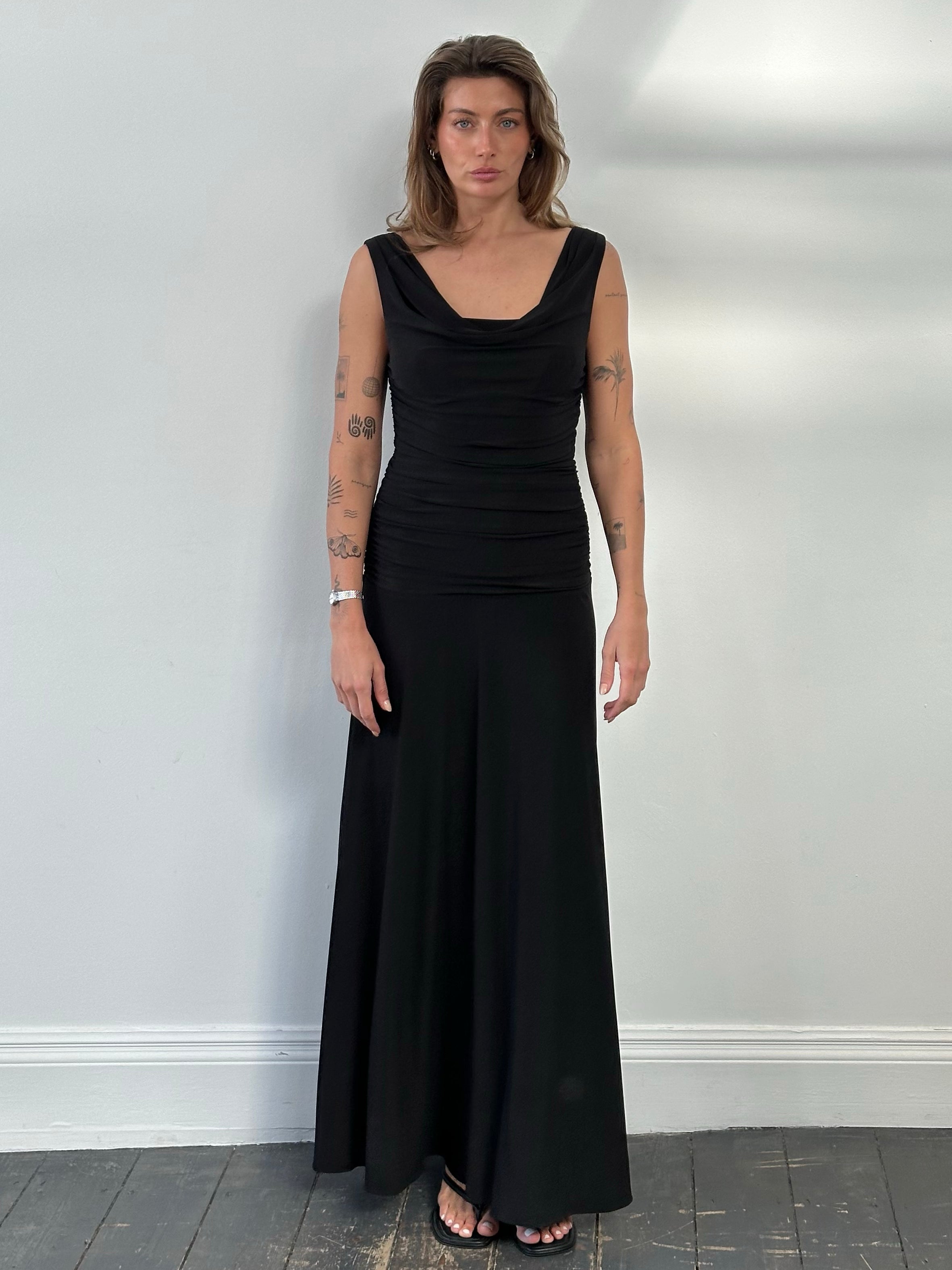 Vintage 1990s Cowl Neck Floor Length Fitted Dress - S-M