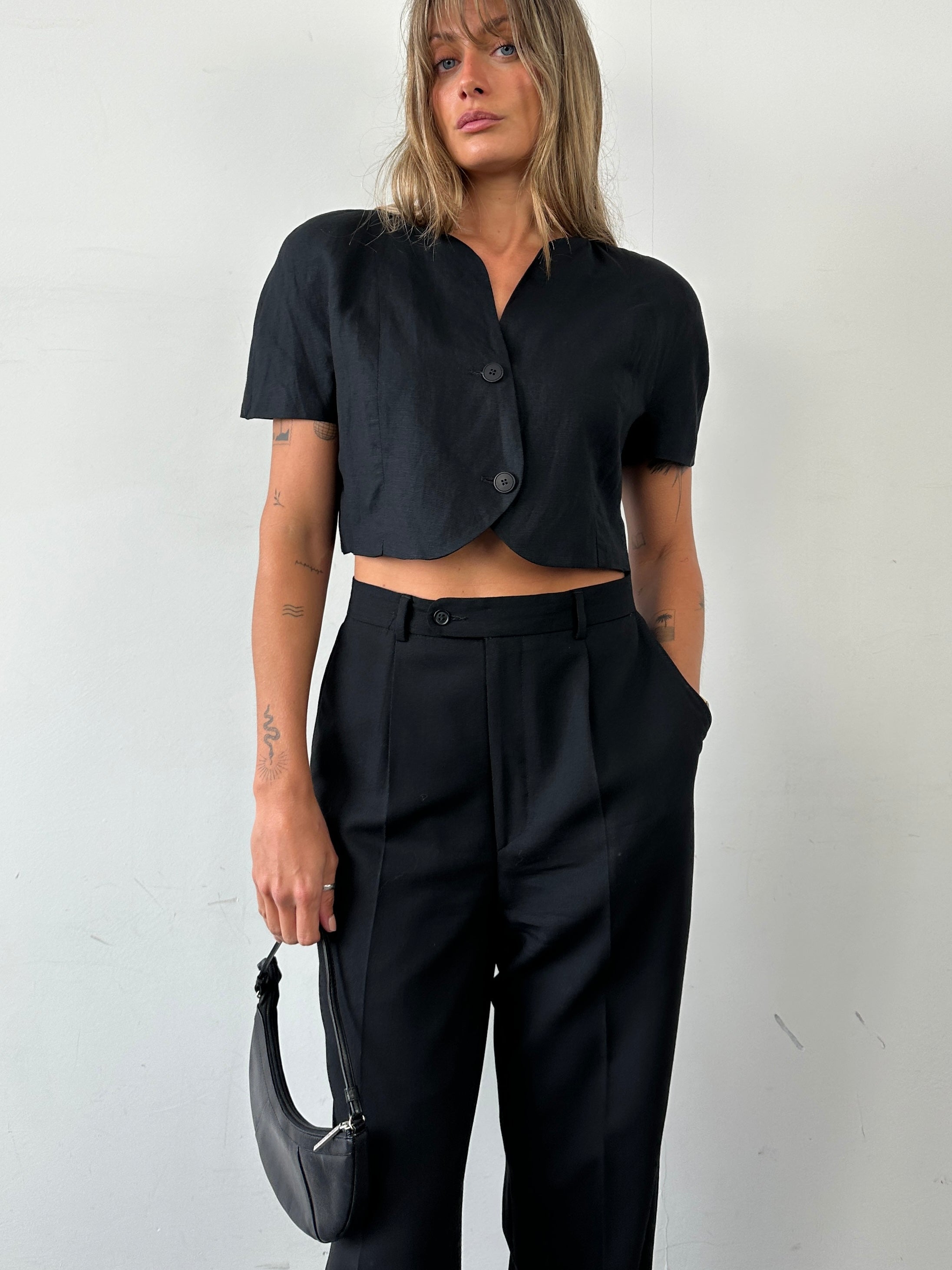 Marella linen short sleeve cropped blazer top in neutral color, tailored fit with lapel collar and front button closure.