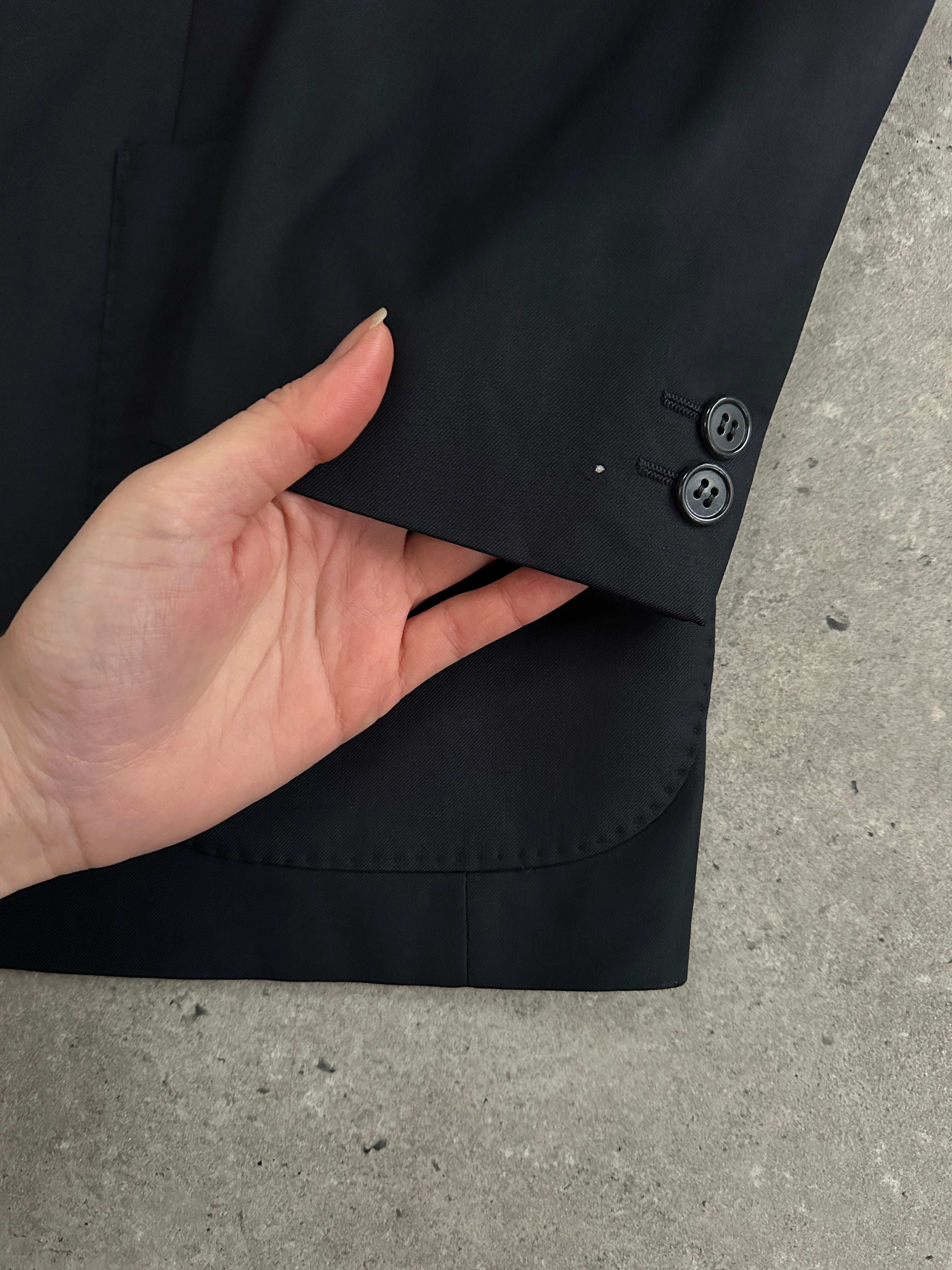 Louis Feraud x Loro Piana 1990s pure wool double-breasted blazer, size 40R/L, shown on a hanger with classic tailored design.