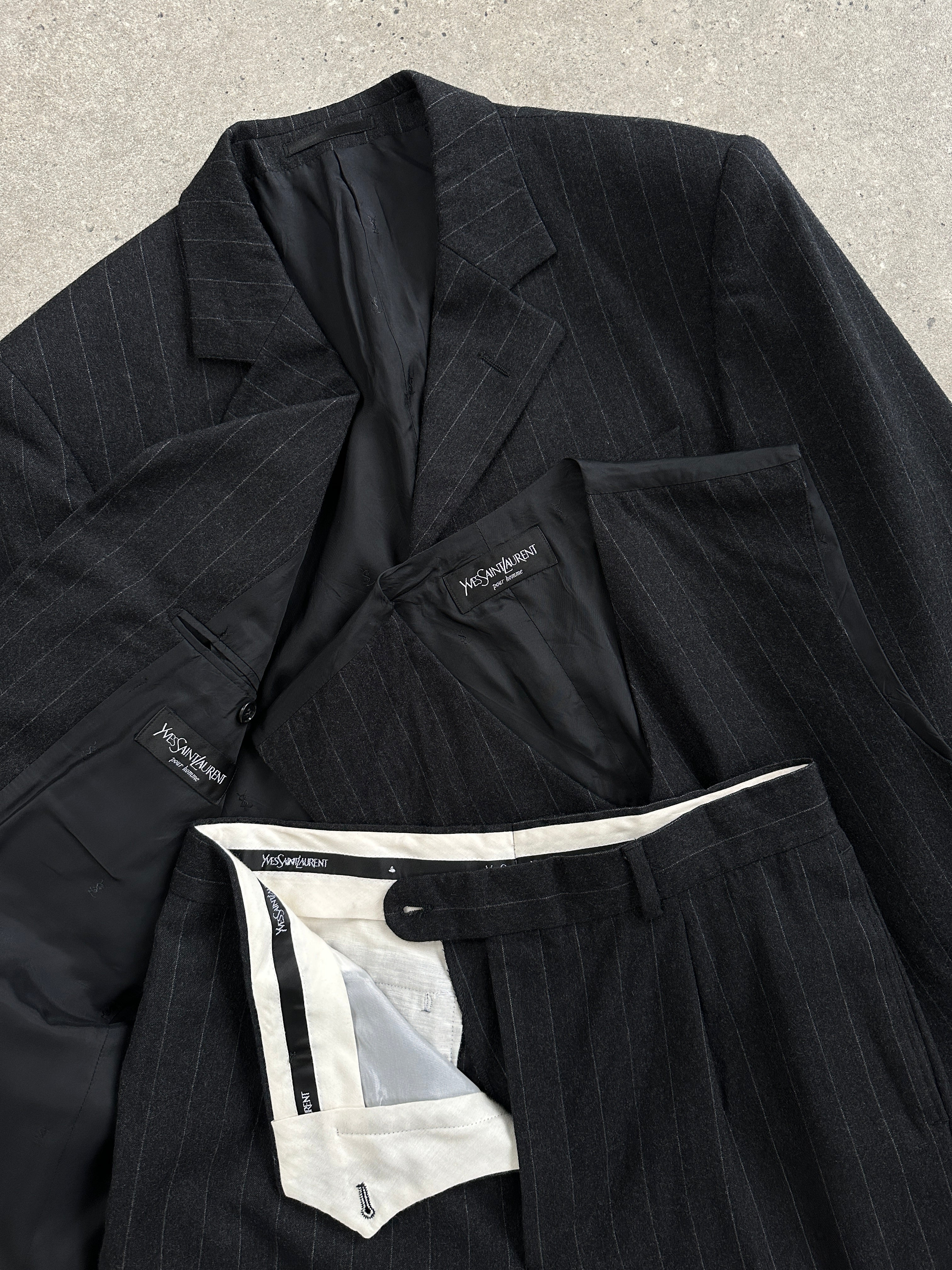 Yves Saint Laurent Pour Homme 1990s brushed wool pinstripe three-piece suit, tailored fit, in size 40R/W30, with matching jacket and trousers.