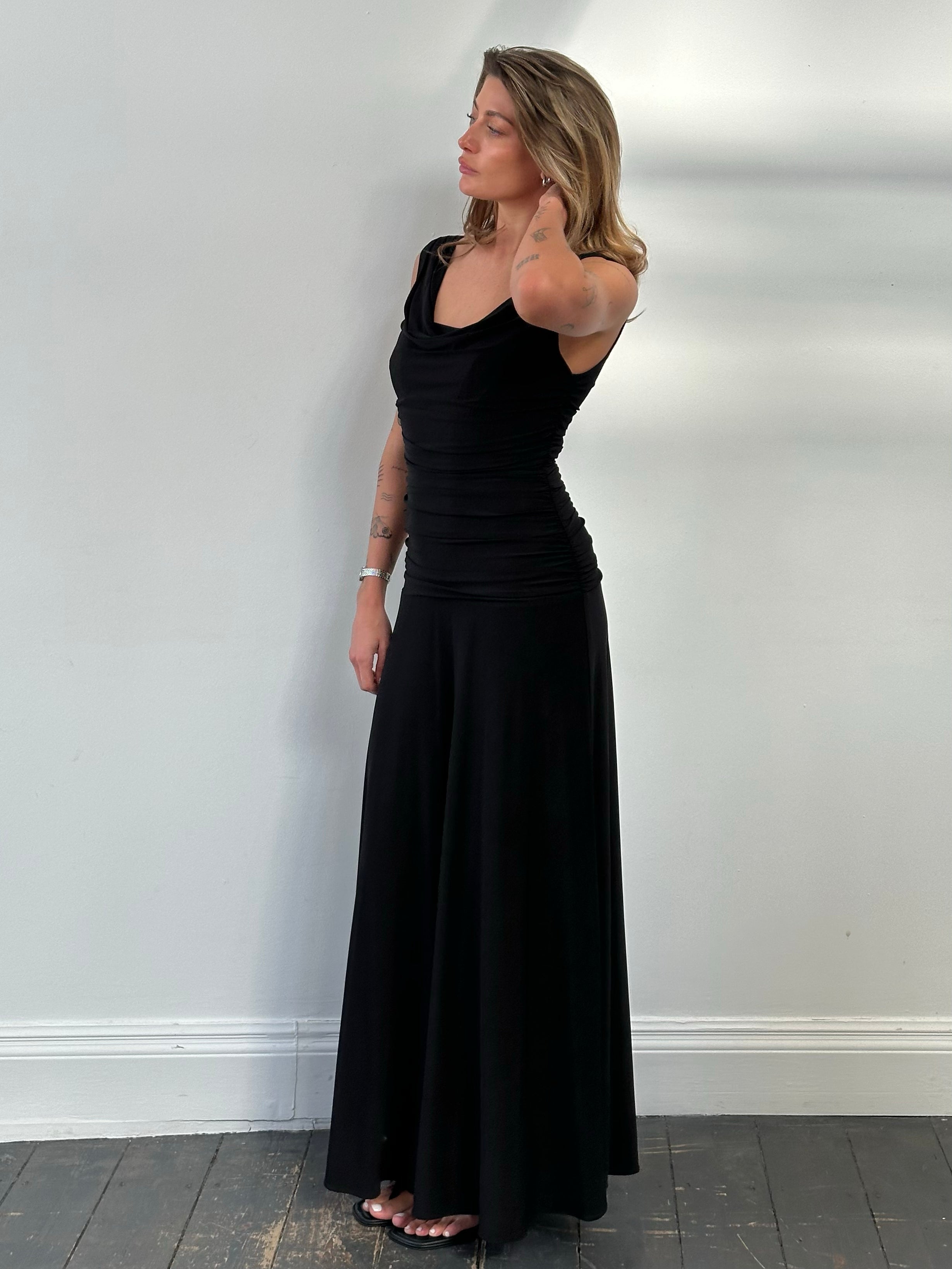 Vintage 1990s Cowl Neck Floor Length Fitted Dress - S-M