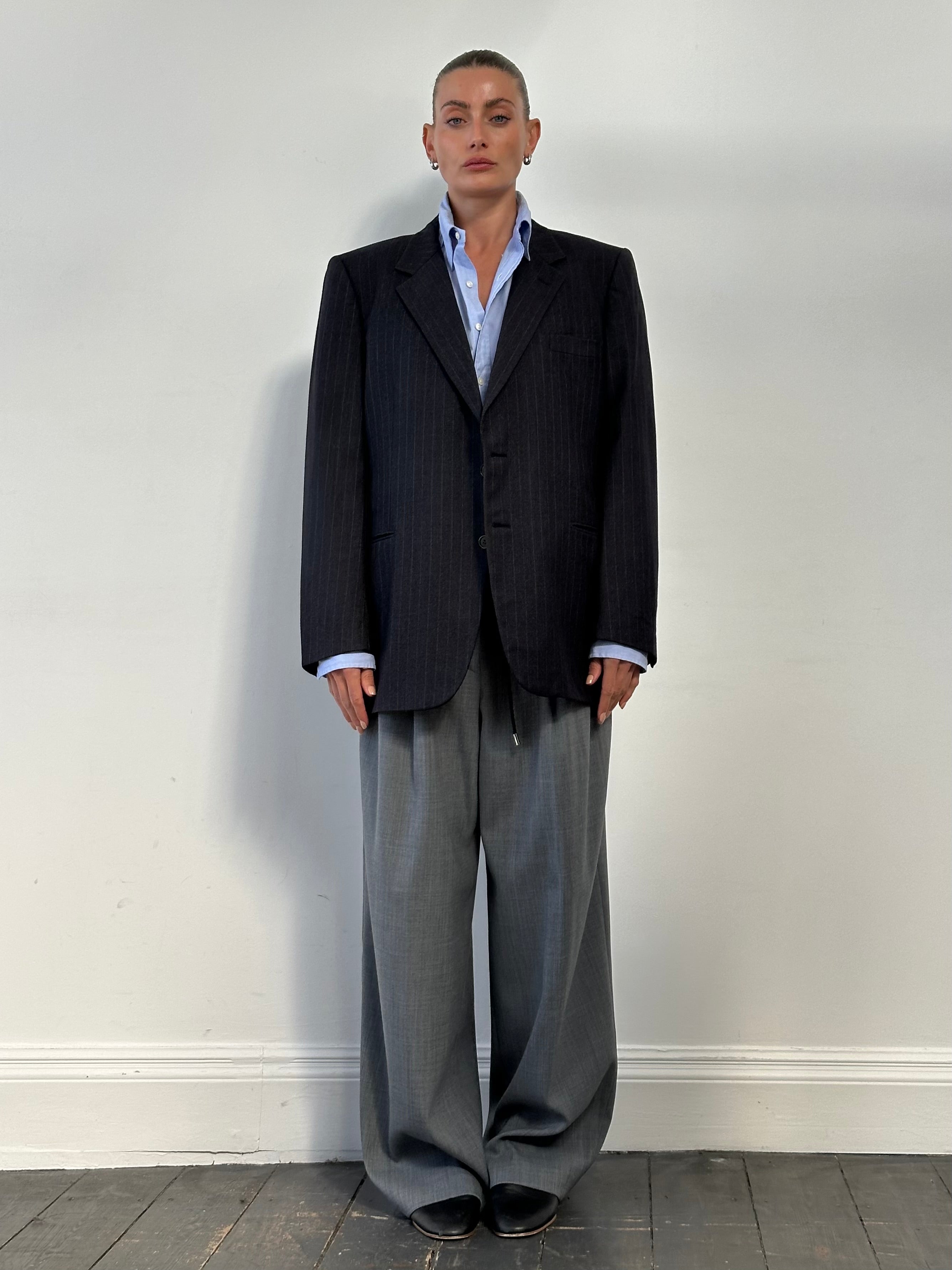 Burberry Pure Wool Stripe Single Breasted Blazer in size 44R/XL, tailored fit with classic striped pattern and notch lapel.