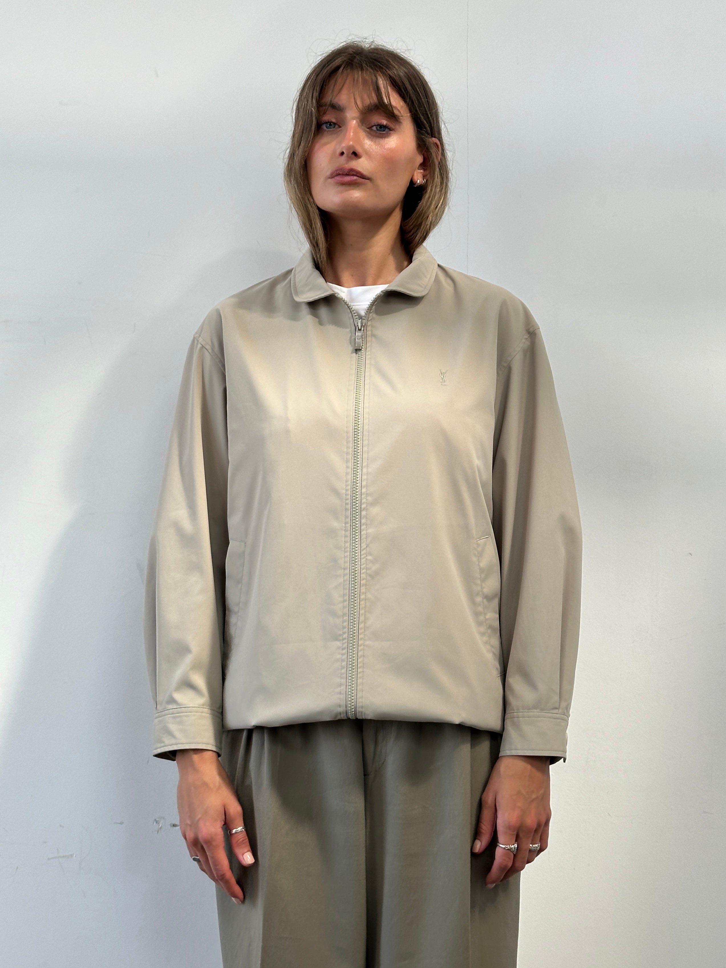 Yves Saint Laurent Pour Homme logo bomber jacket in size M, featuring a sleek design and branded logo on the front.
