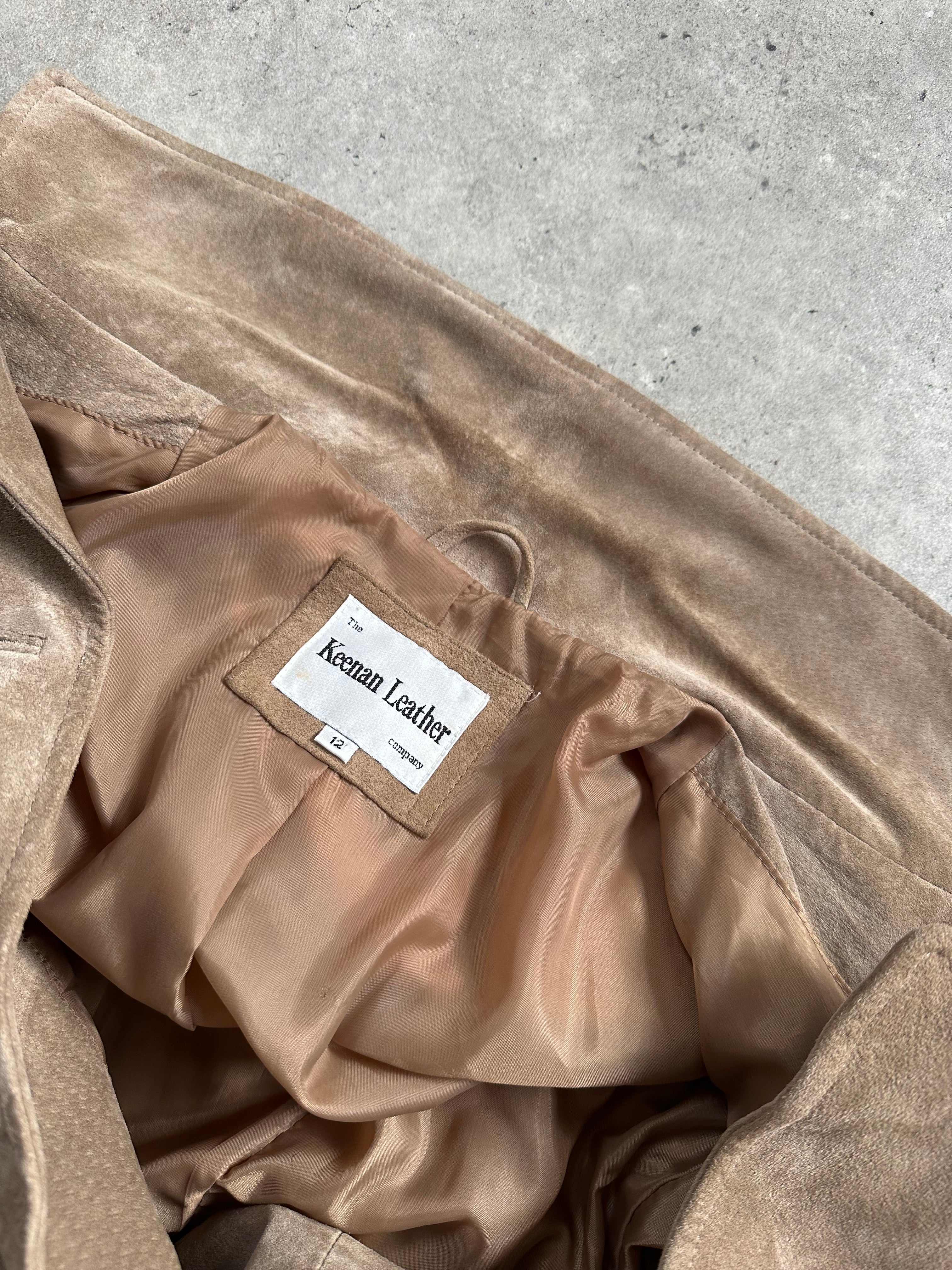 Vintage 1990s suede double-breasted trench coat with belt, featuring classic style and beige color, size small.