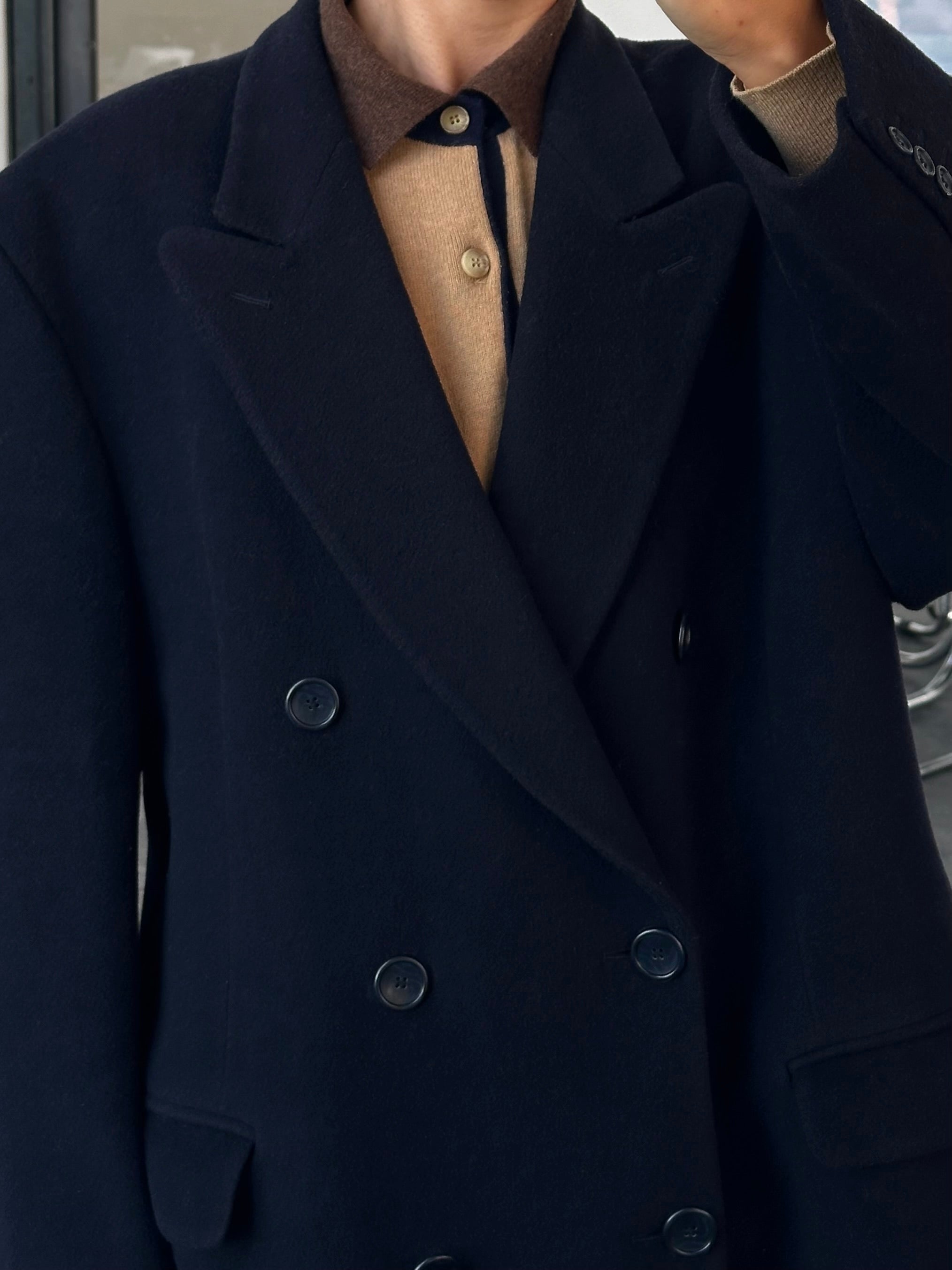 Vintage 1990s wool and cashmere double-breasted coat in XXL, classic style with a tailored fit and timeless design.
