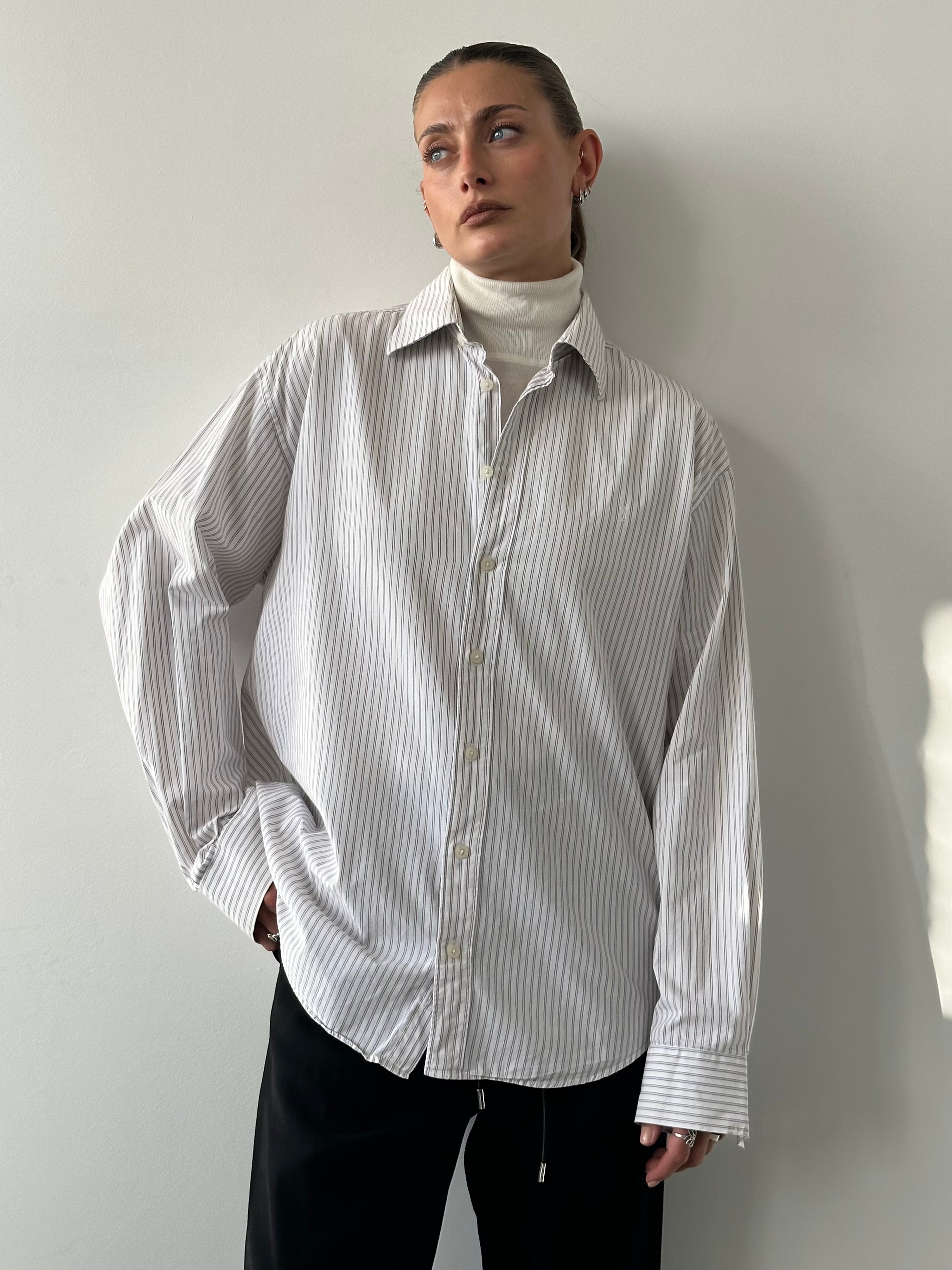 Yves Saint Laurent Pour Homme 2000s striped pure cotton logo shirt in XL, featuring a classic design and button-front style.