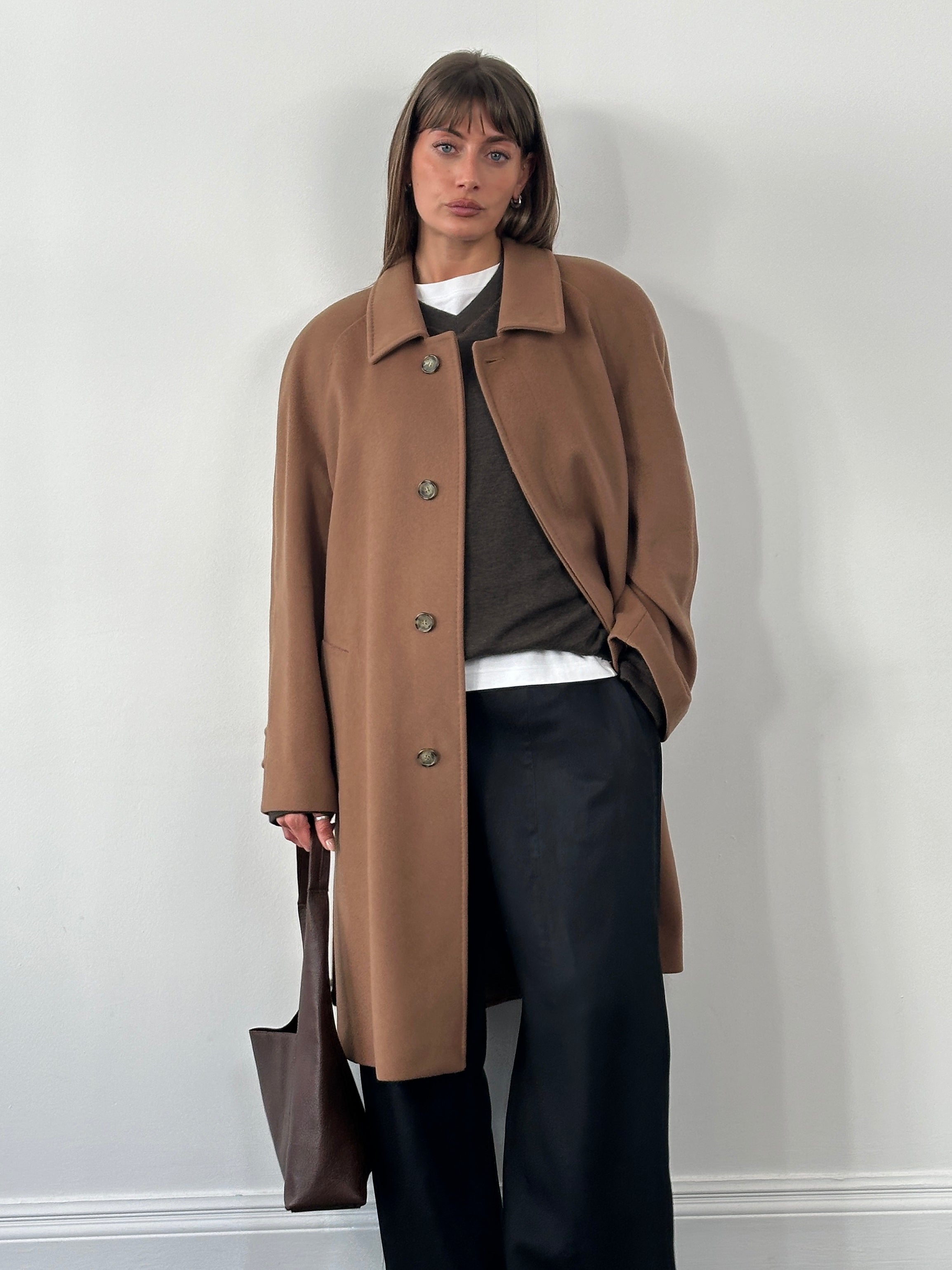 Vintage Italian 1990s wool and cashmere belted coat in XL, showcasing classic style and textured fabric details.