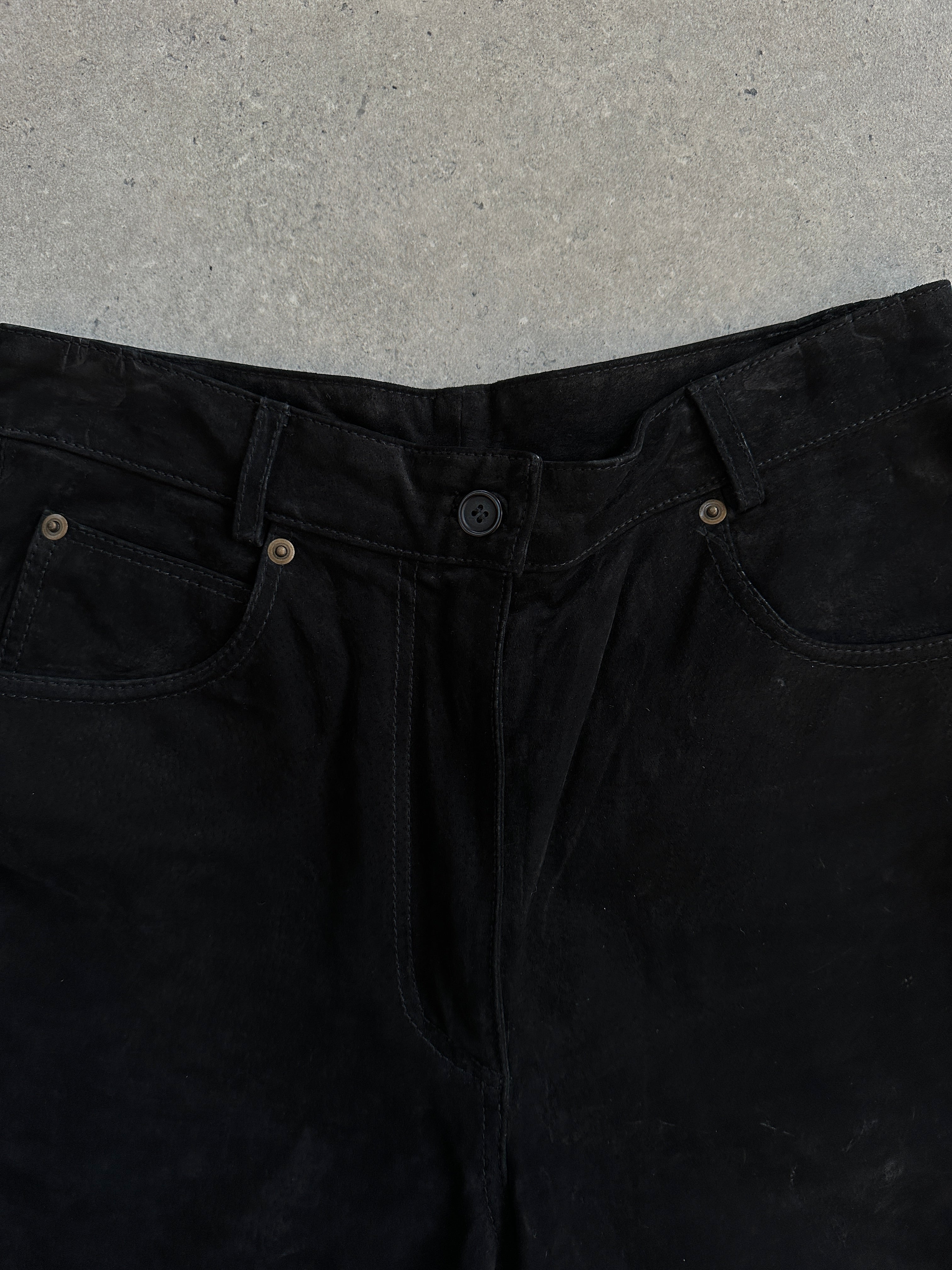 Vintage high waisted suede trousers, W26, featuring a classic fit and soft texture, displayed on a neutral background.