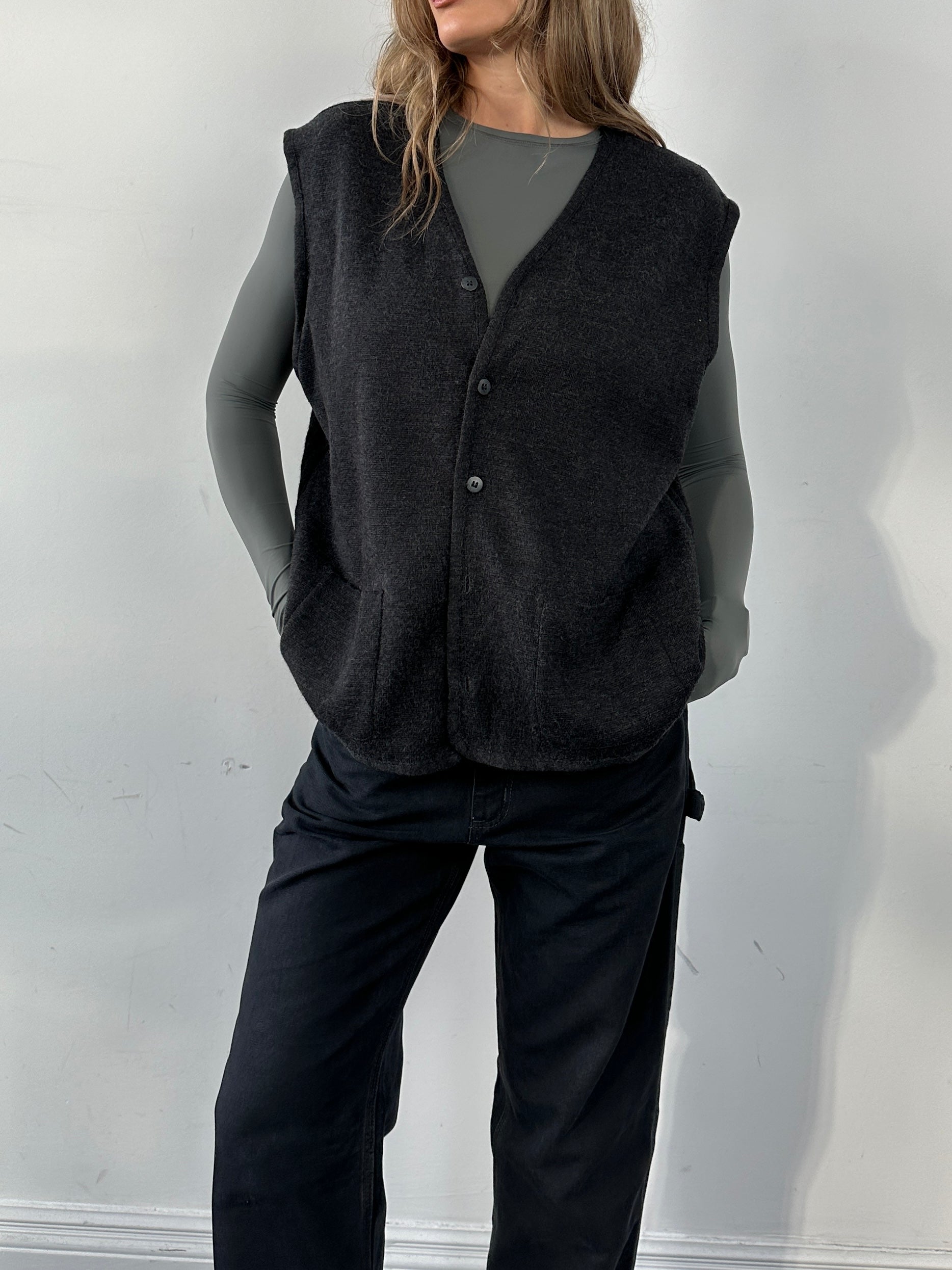 Vintage wool knit waistcoat coat in XL size, featuring a classic design and textured knit fabric, perfect for stylish layering.