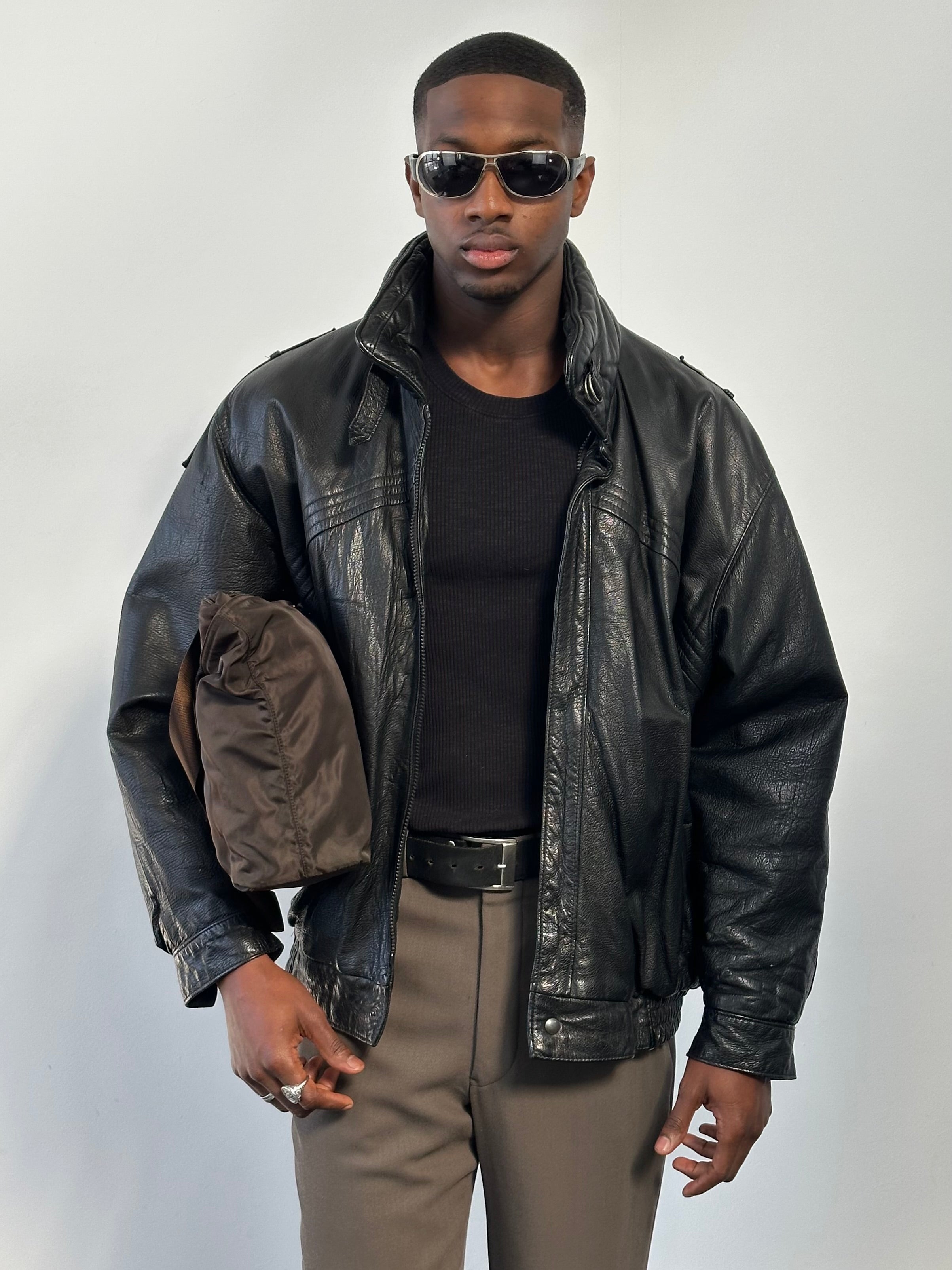 St Michael 1980s high neck leather bomber jacket in XL, featuring a classic design with a zip front and ribbed cuffs.