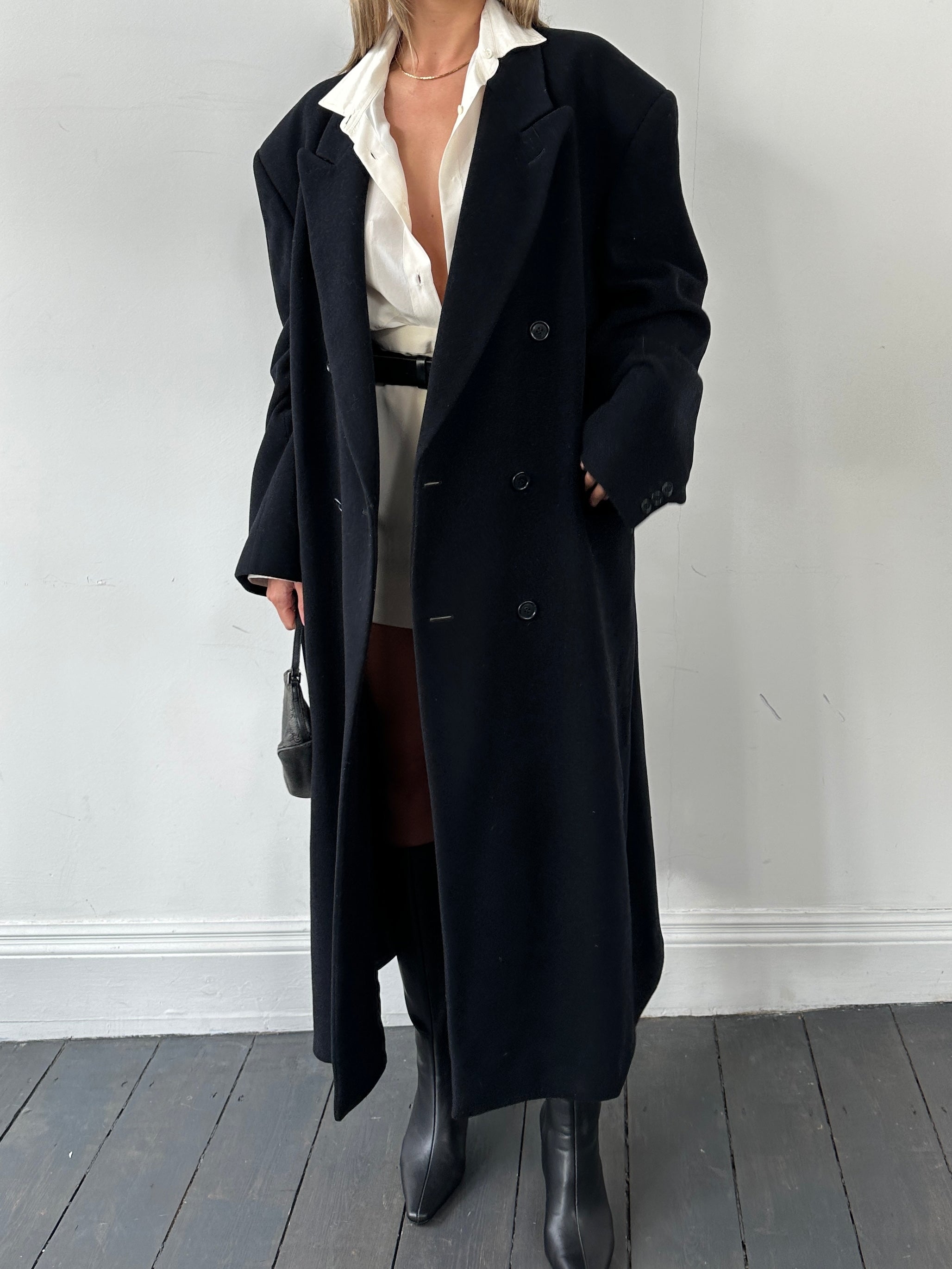 Pierre Cardin wool cashmere double-breasted coat in XXL/50R, showing a tailored design with a classic collar and button details.