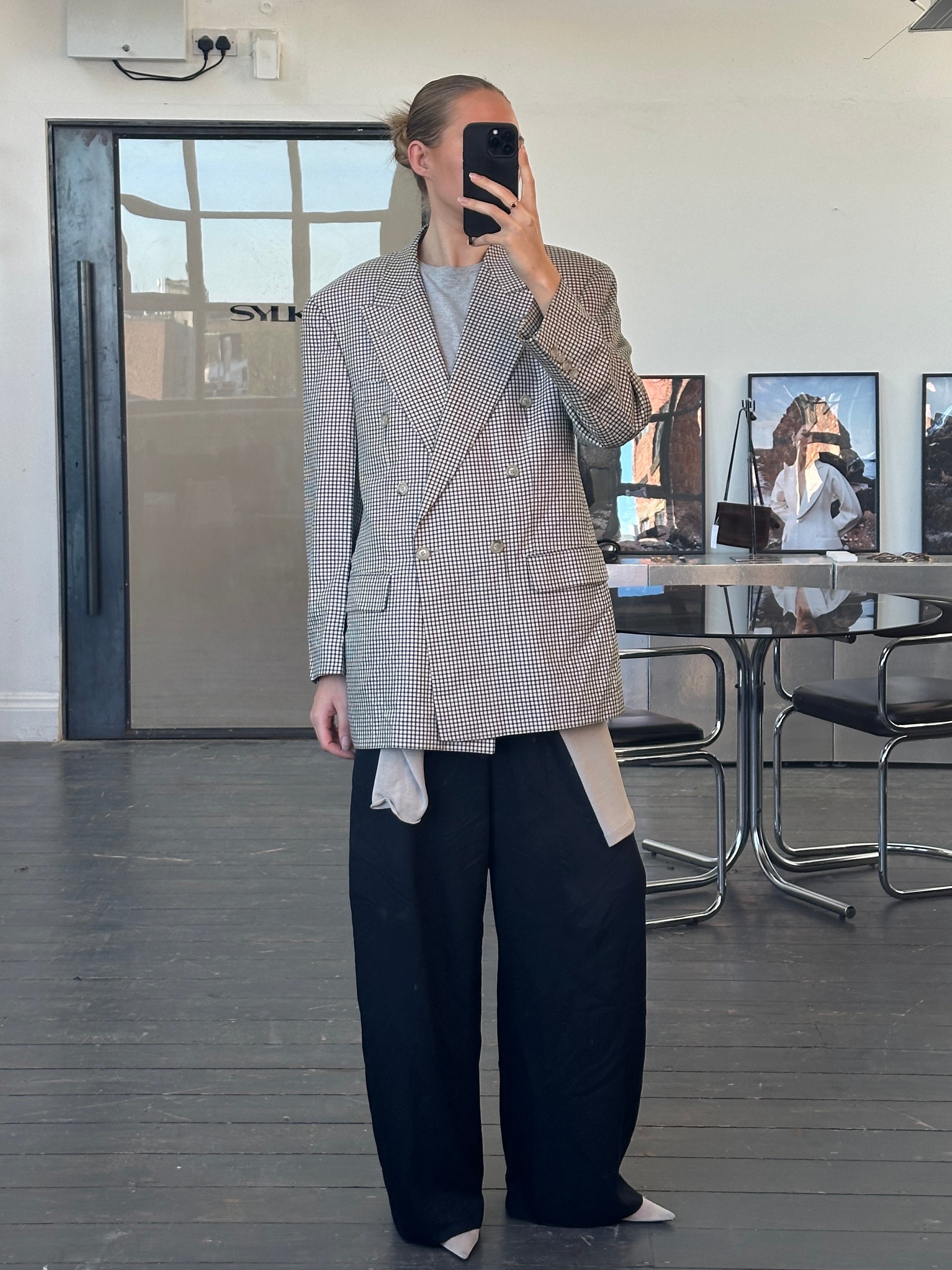 Yves Saint Laurent Pour Homme 1990s wool check double-breasted blazer in size 40R/XL, featuring a classic tailored design.