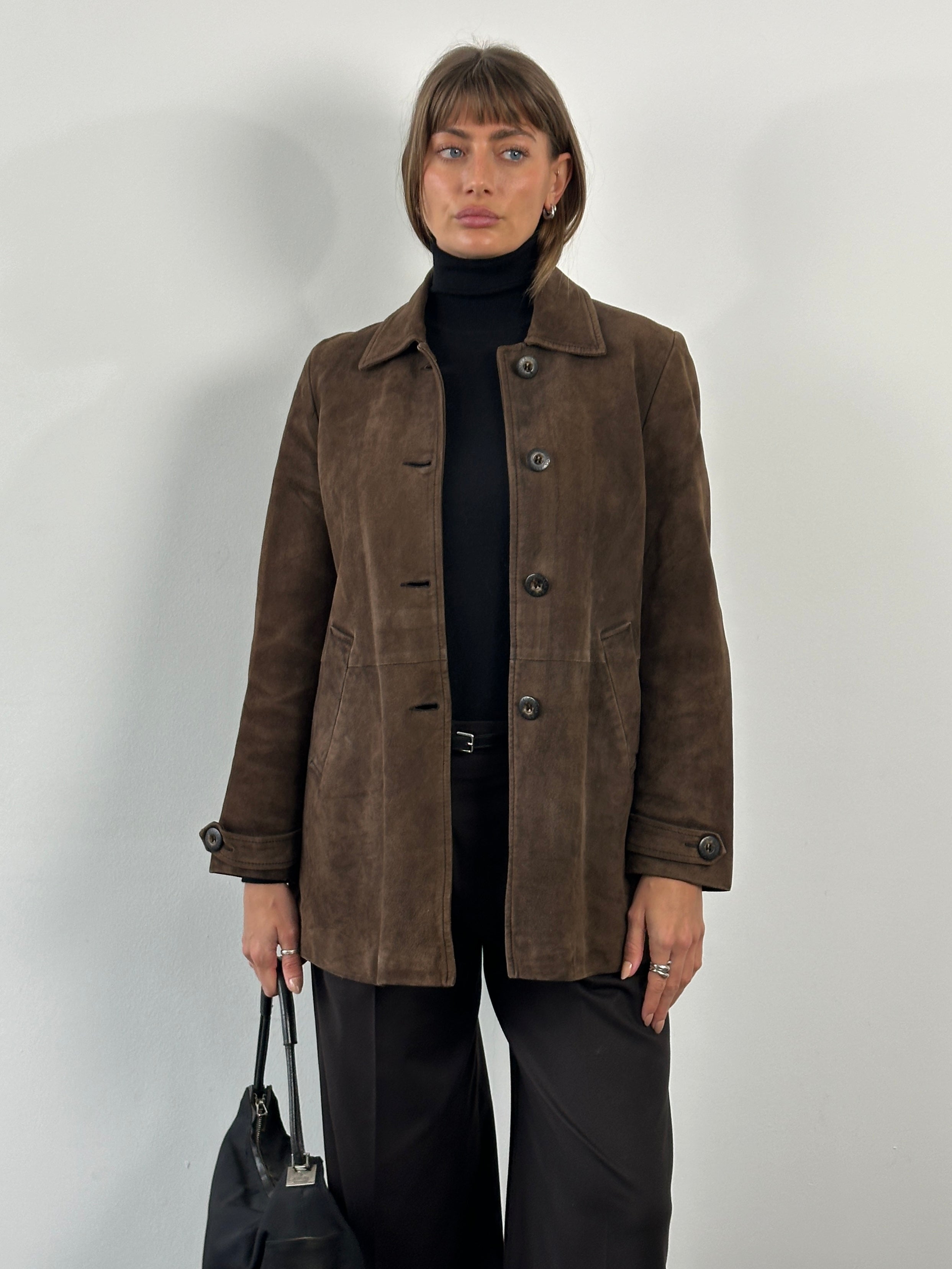 Dolce & Gabbana 1990s suede leather jacket in size S, shown on a hanger with rich brown texture and classic design.