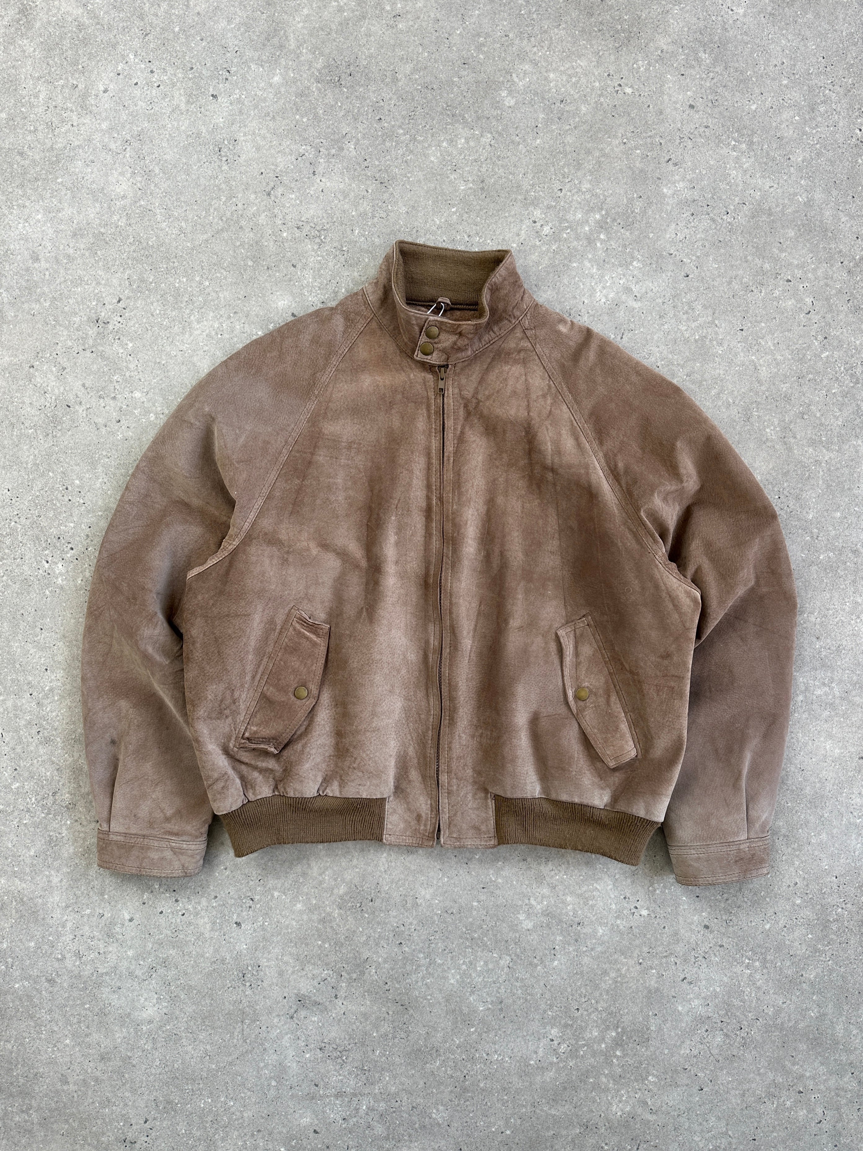 Vintage 1990s high neck suede bomber jacket in XL, featuring classic design and soft brown suede material.