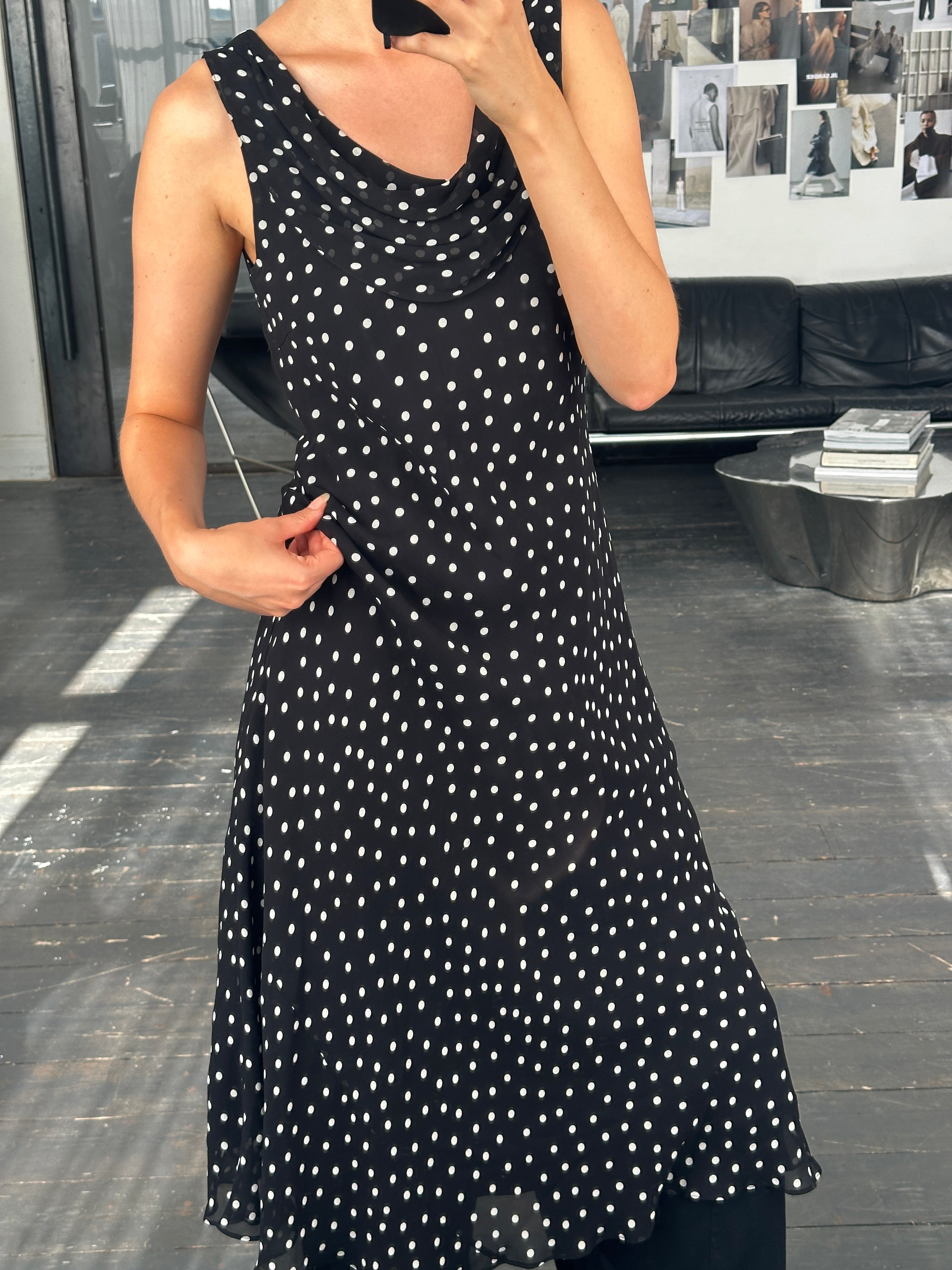 Vintage 2000s pure silk polka dot A-line maxi dress in size M, featuring a classic retro-inspired design and flowing silhouette.