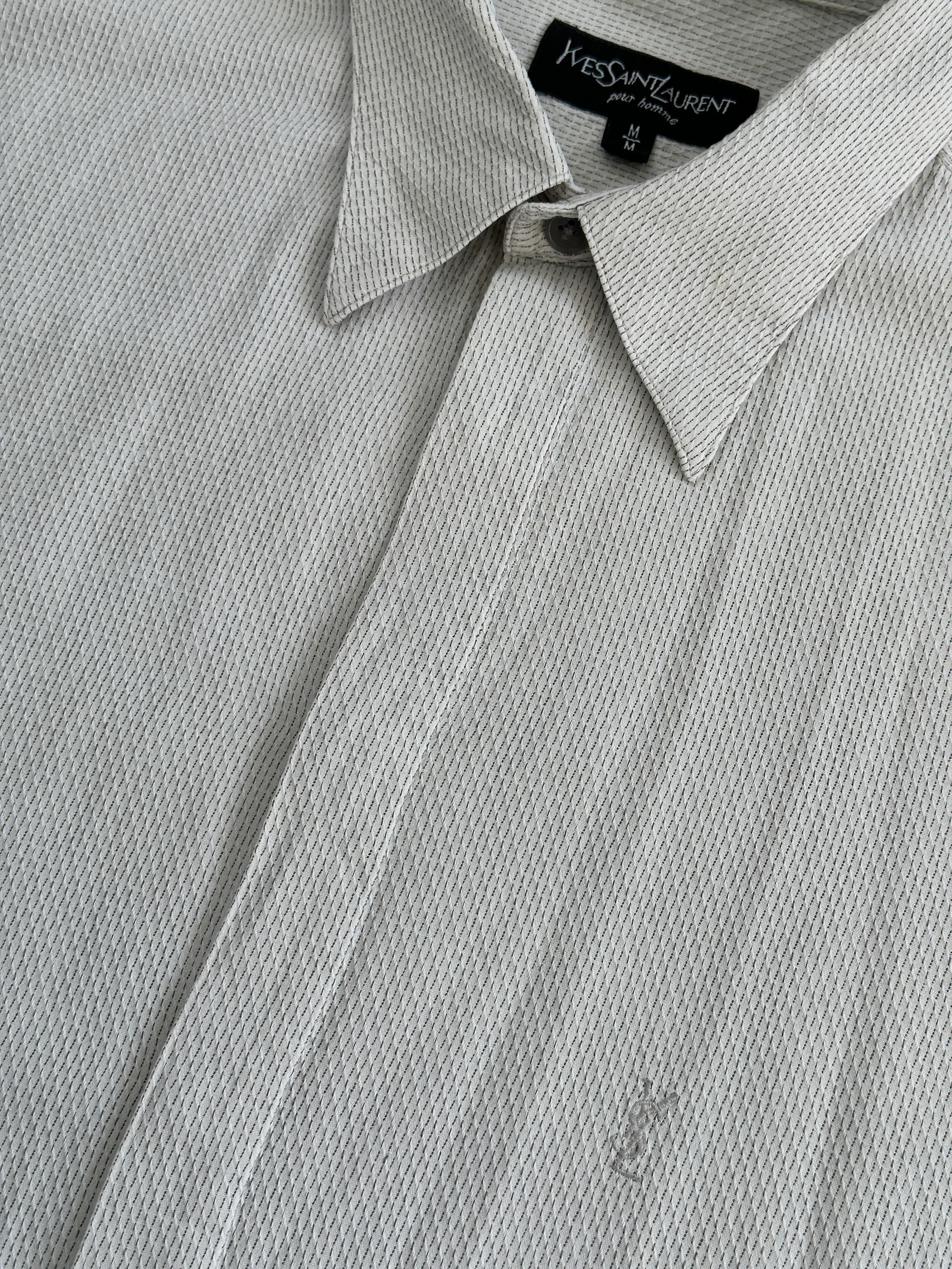 Yves Saint Laurent Pour Homme 1990s cotton logo shirt in size M/L, featuring classic branding and a stylish fit.