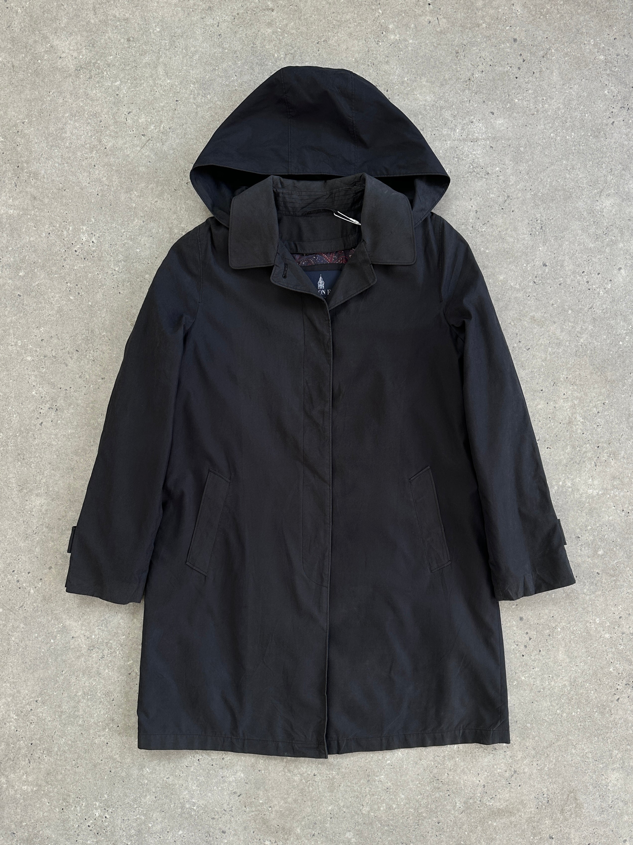 London Fog men's hooded trench coat with concealed placket, shown in a dark color with a hood and tailored fit.