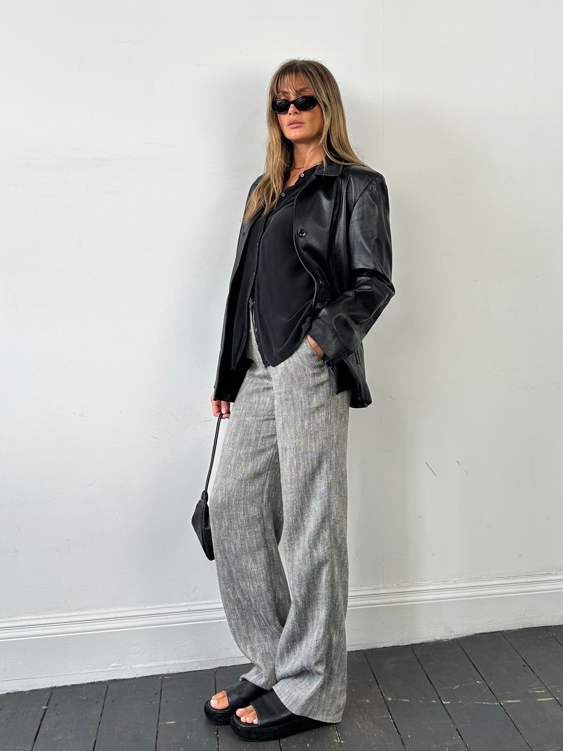 Max Mara cotton linen herringbone high-waisted trousers in size W28, showing the tailored fit and classic pattern.