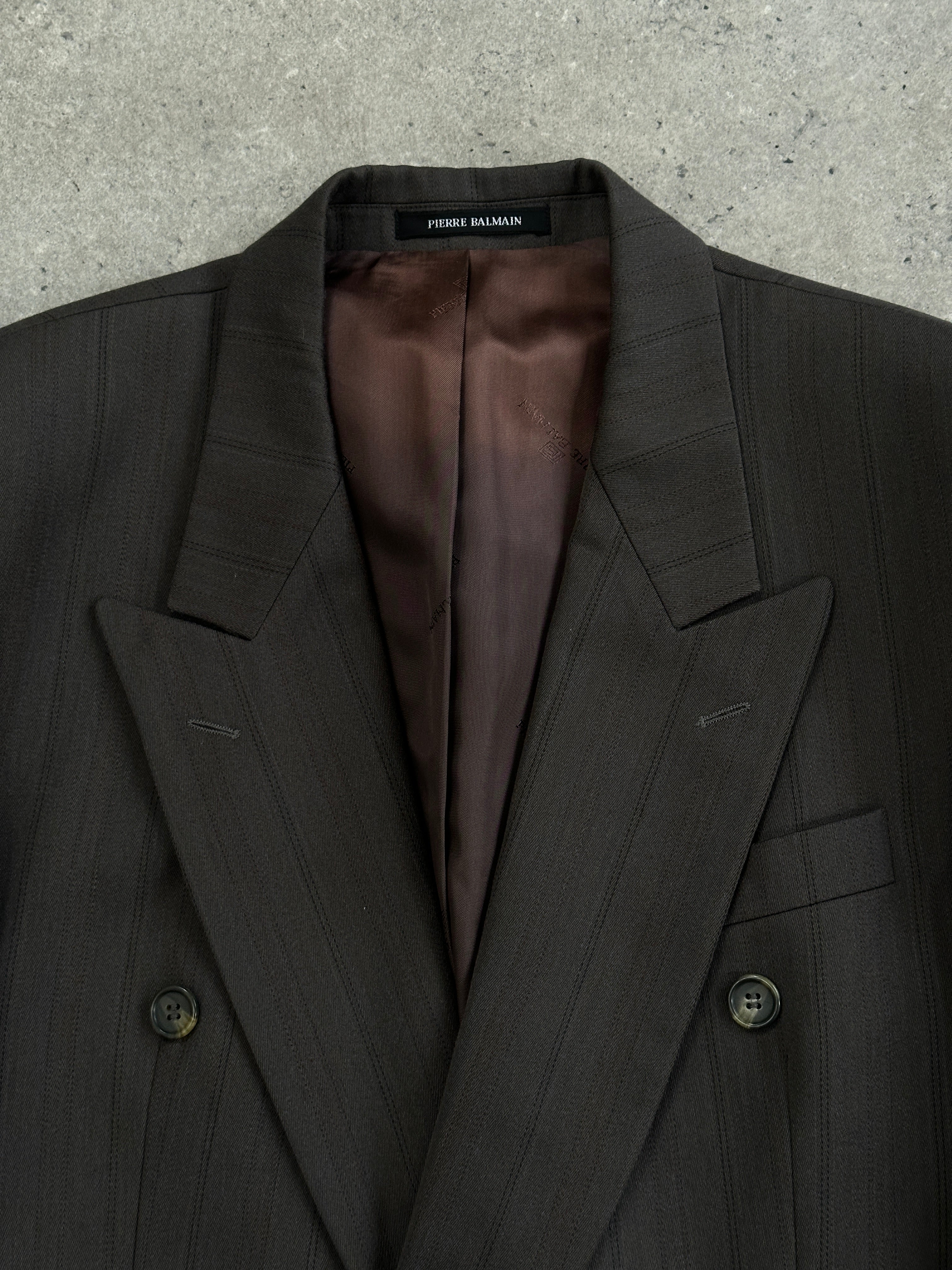 Pierre Balmain 1980s pure wool double-breasted blazer in size 40S/L, shown on a hanger with classic tailored details.
