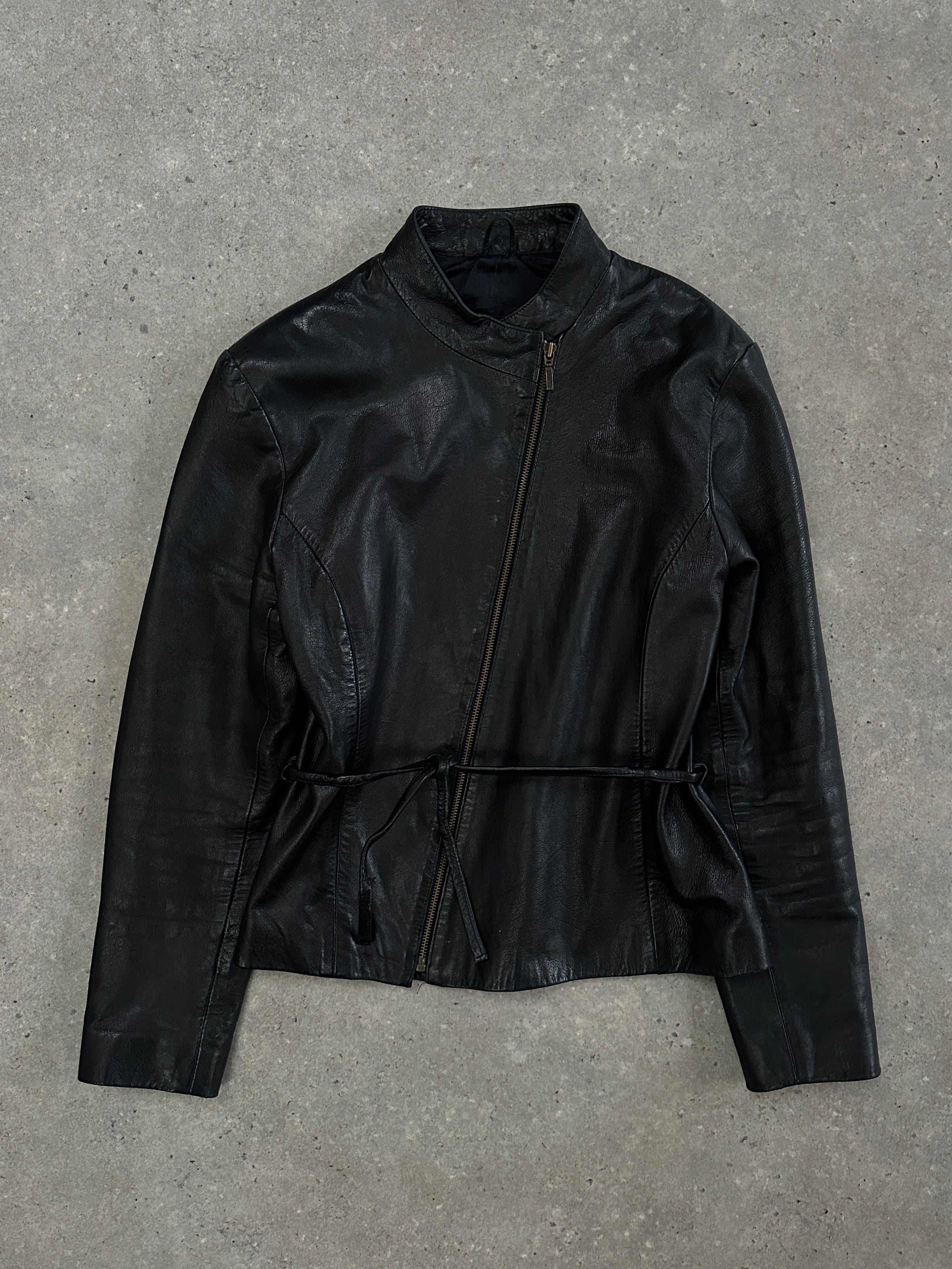 Vintage 2000s asymmetric leather jacket with tie belt, stylish and classic, featuring a fitted silhouette in black leather.