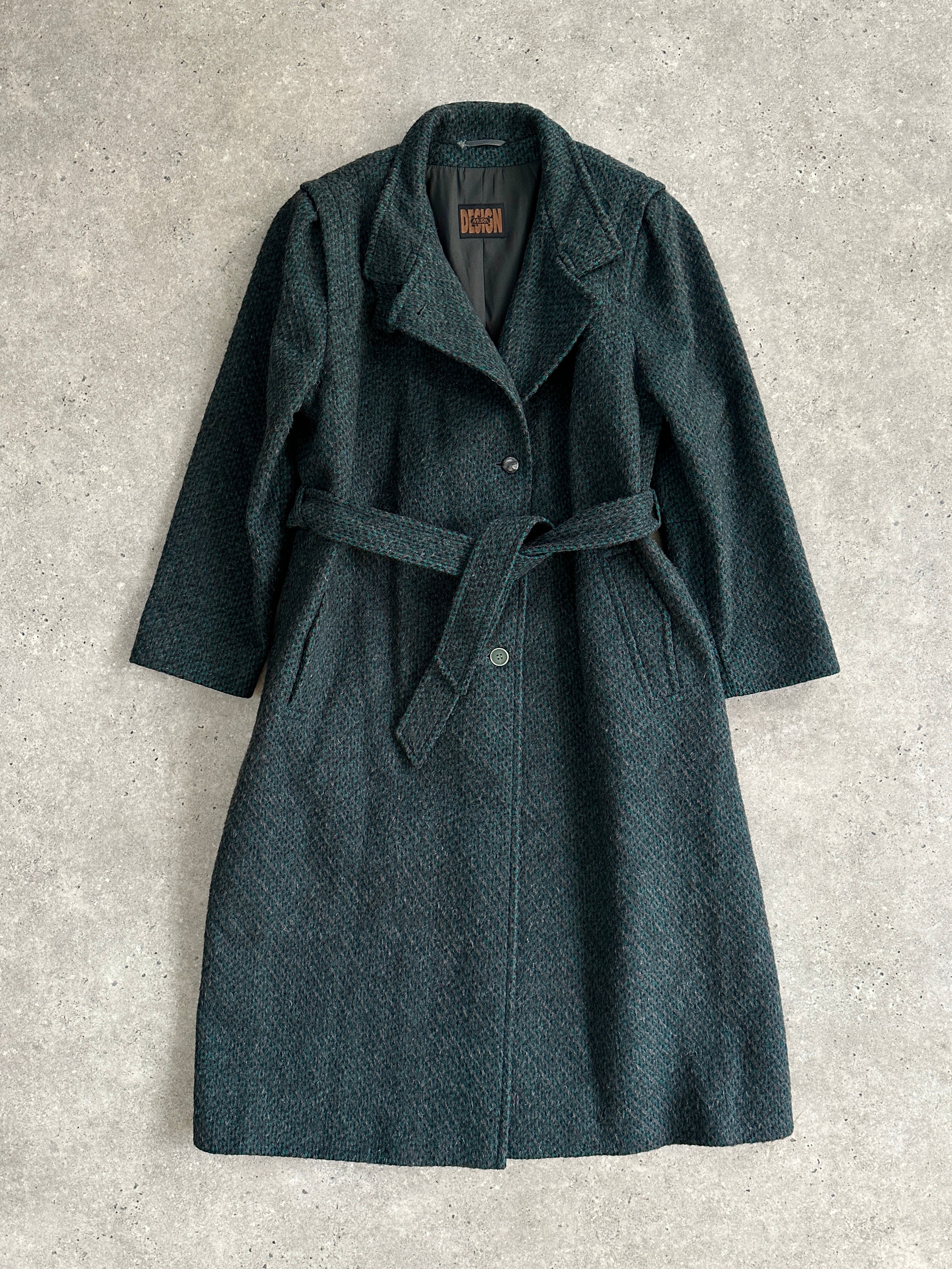 Vintage wool and mohair belted floor-length coat in size L, featuring a classic vintage style and cozy textured fabric.