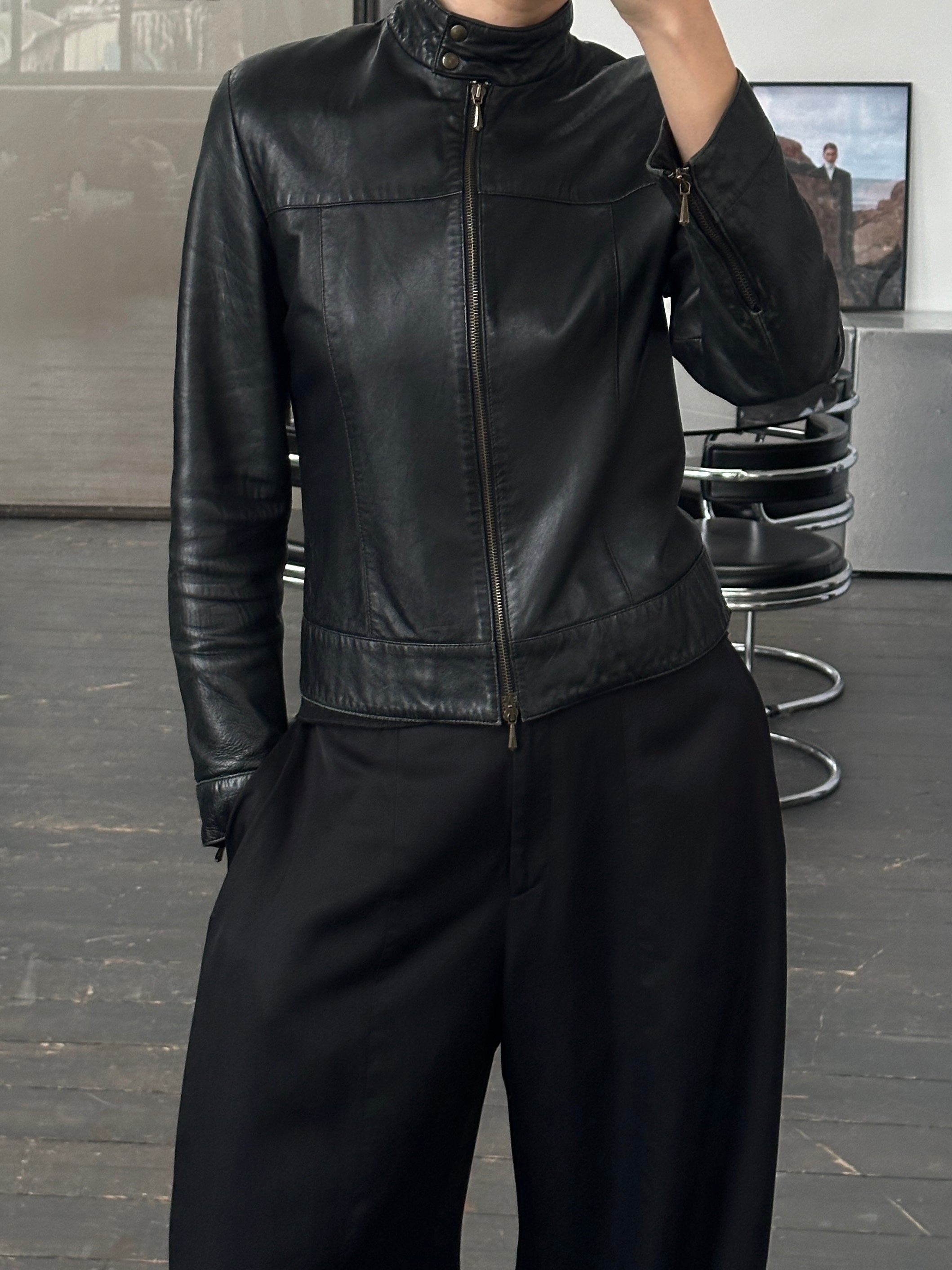 St Michael 1990s double zip Moto leather jacket in black, XS/S size, featuring a classic biker style with silver hardware.