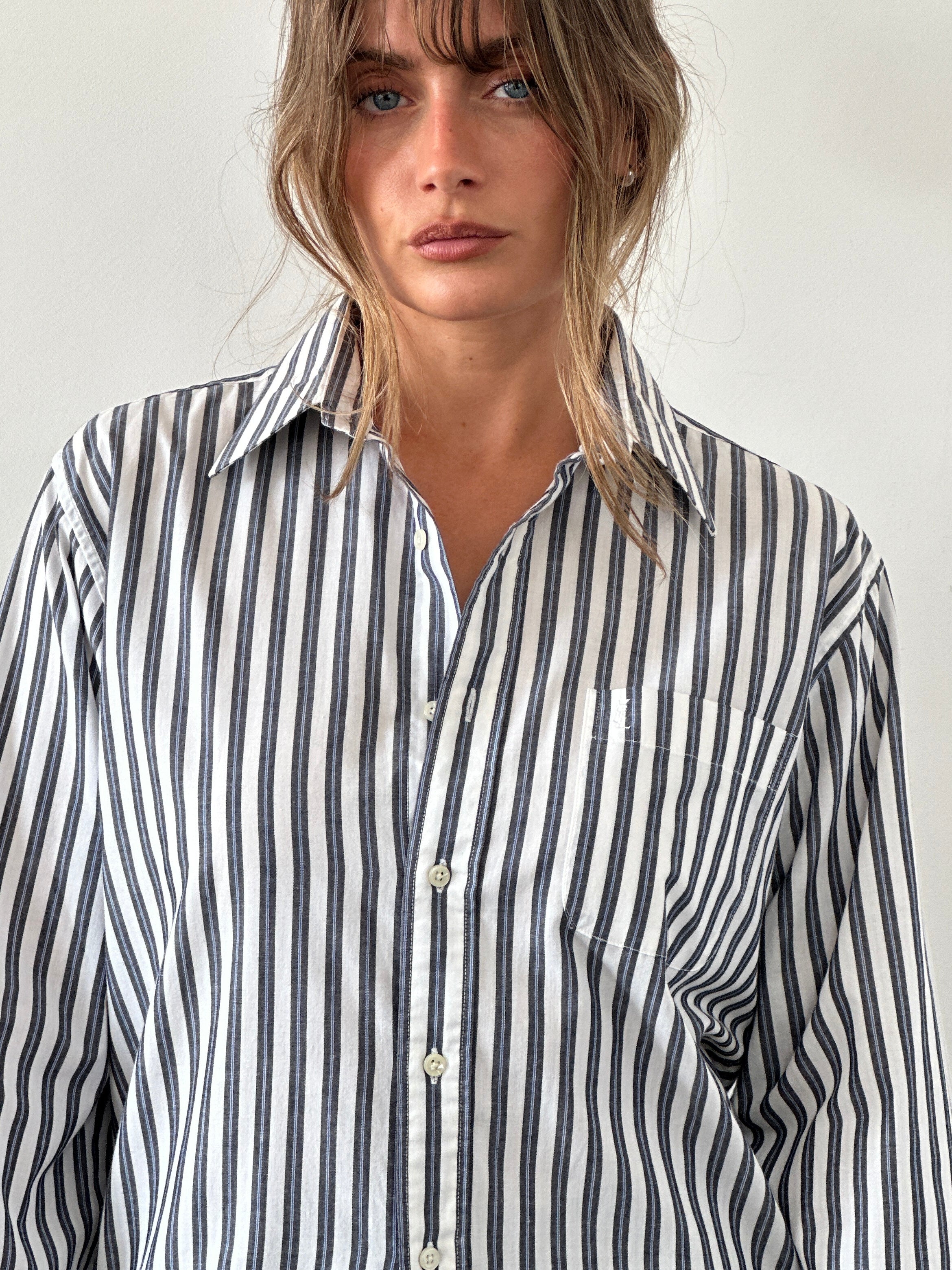Yves Saint Laurent Pour Homme cotton shirt with blue and white stripes and logo detail, size M, casual men's fashion.