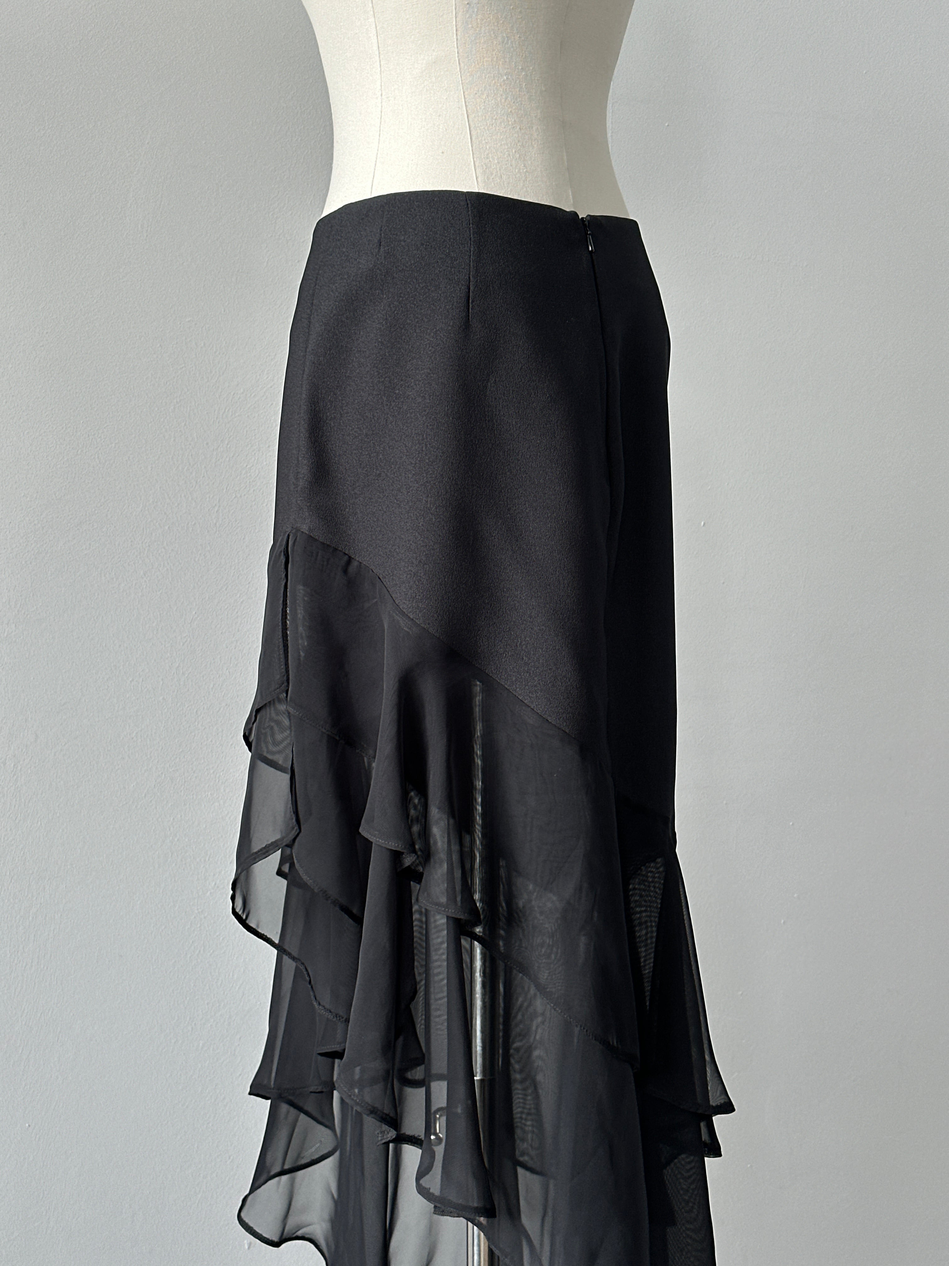 British Vintage 1990s Asymmetric Ruffle Midi Skirt - W28