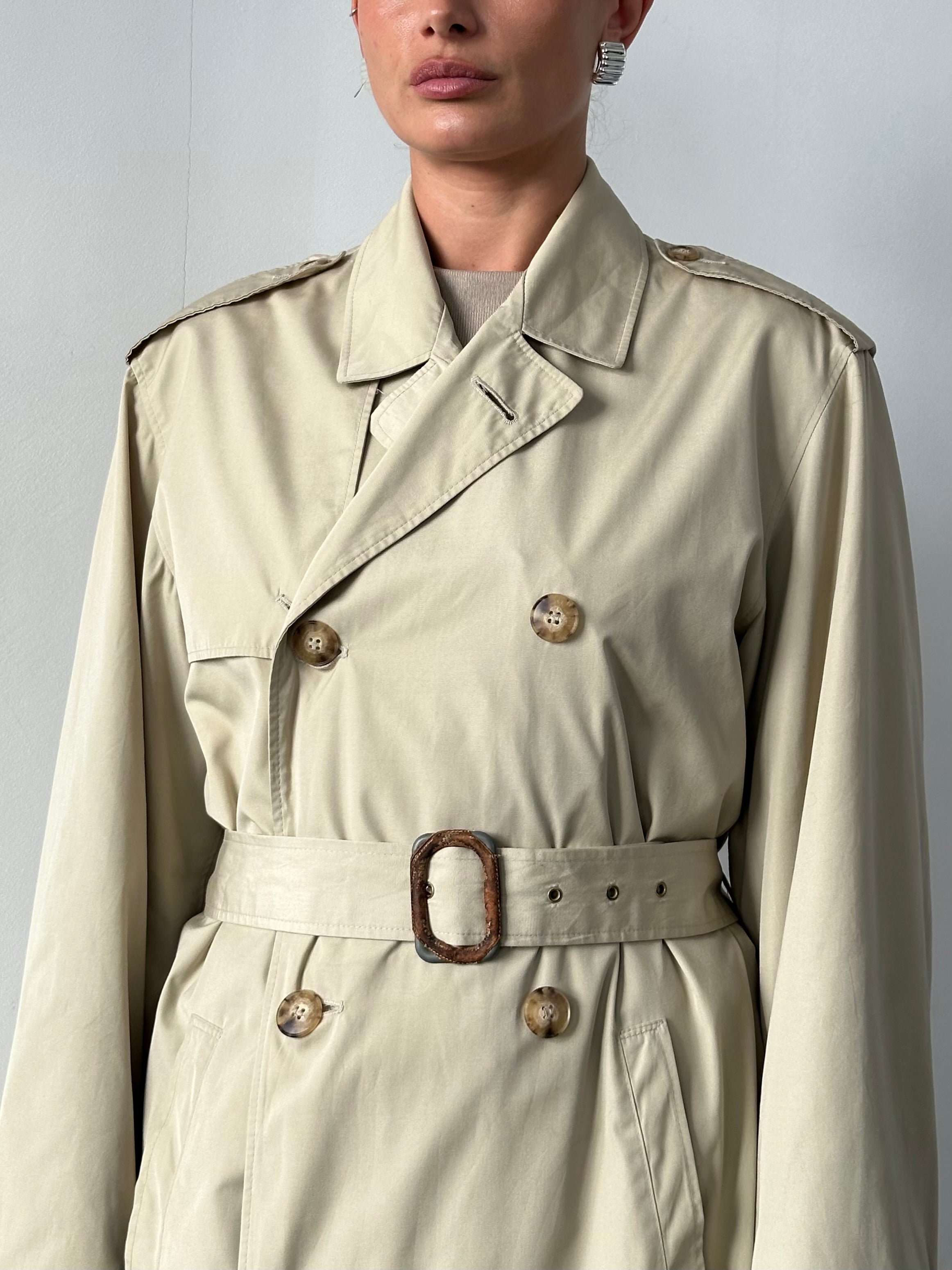 Christian Dior Paris cotton double-breasted belted trench coat in beige, size 40R/XL, featuring classic design and tailored fit.