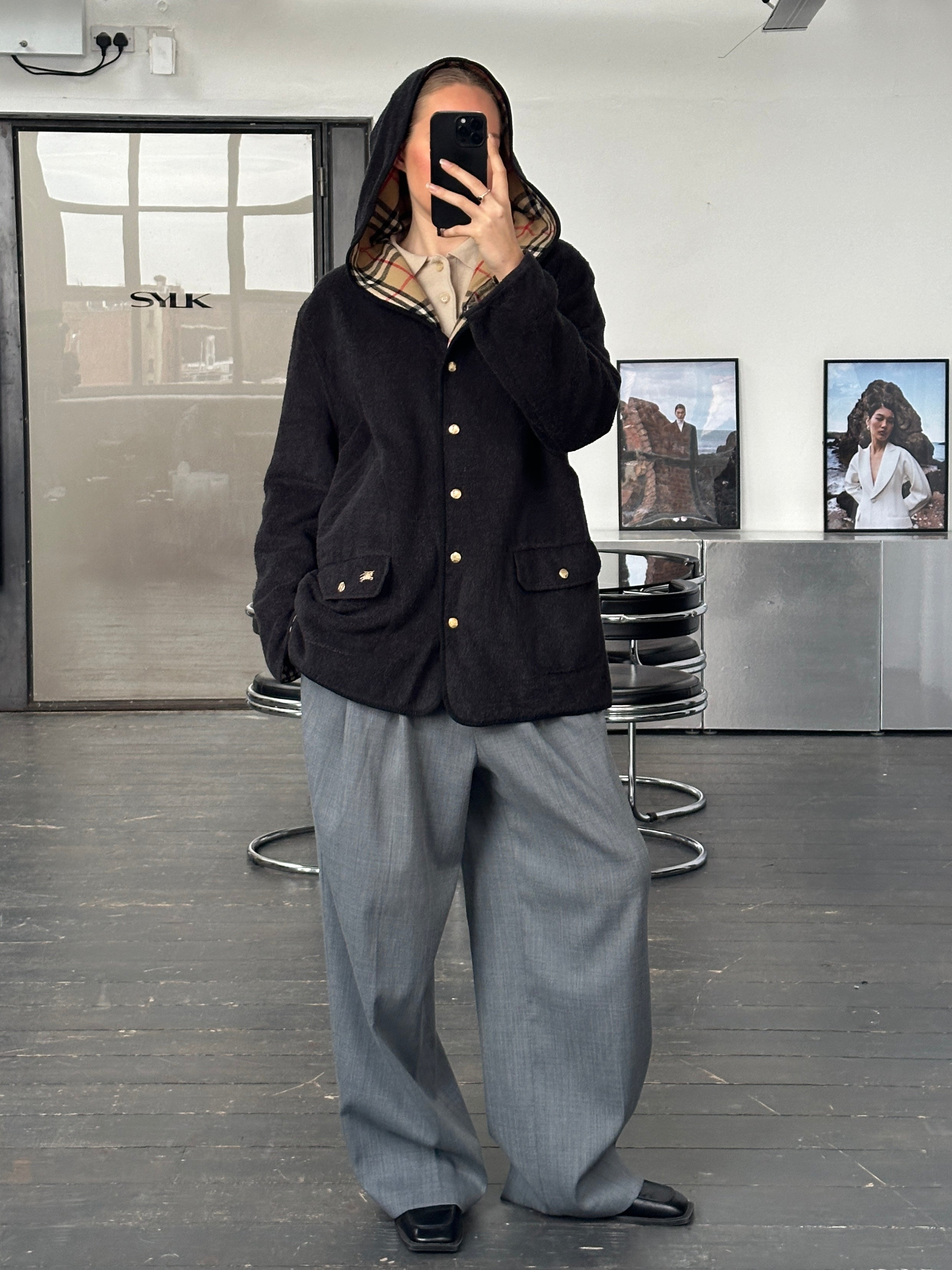 Burberry 1990s wool bespoke button hooded coat in XL, showing the classic tailored design and hooded style with button details.