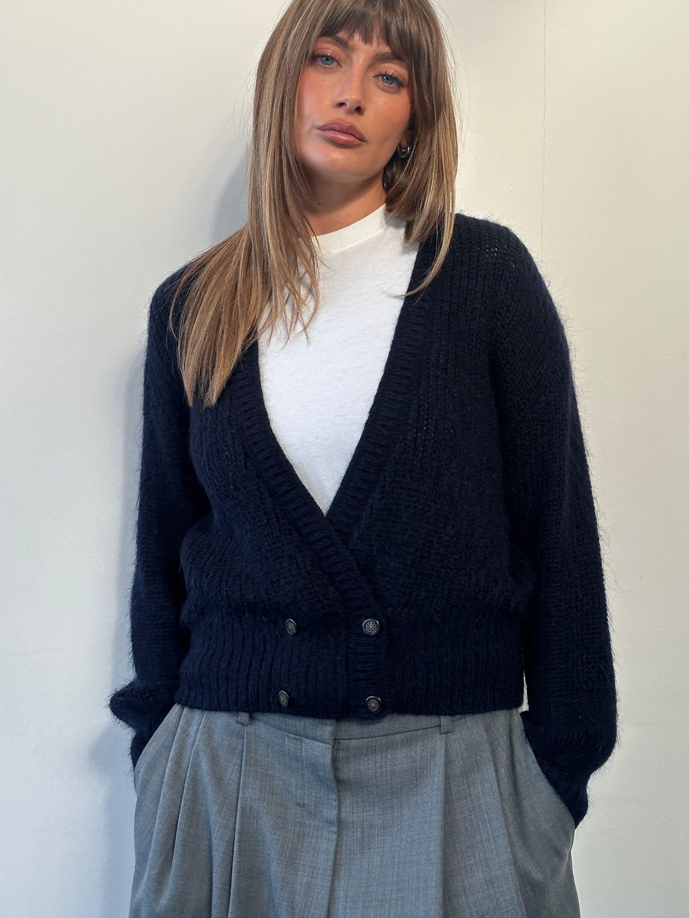 St Michael 1990s mohair double-breasted cardigan in size M, featuring a soft, textured fabric and classic design.