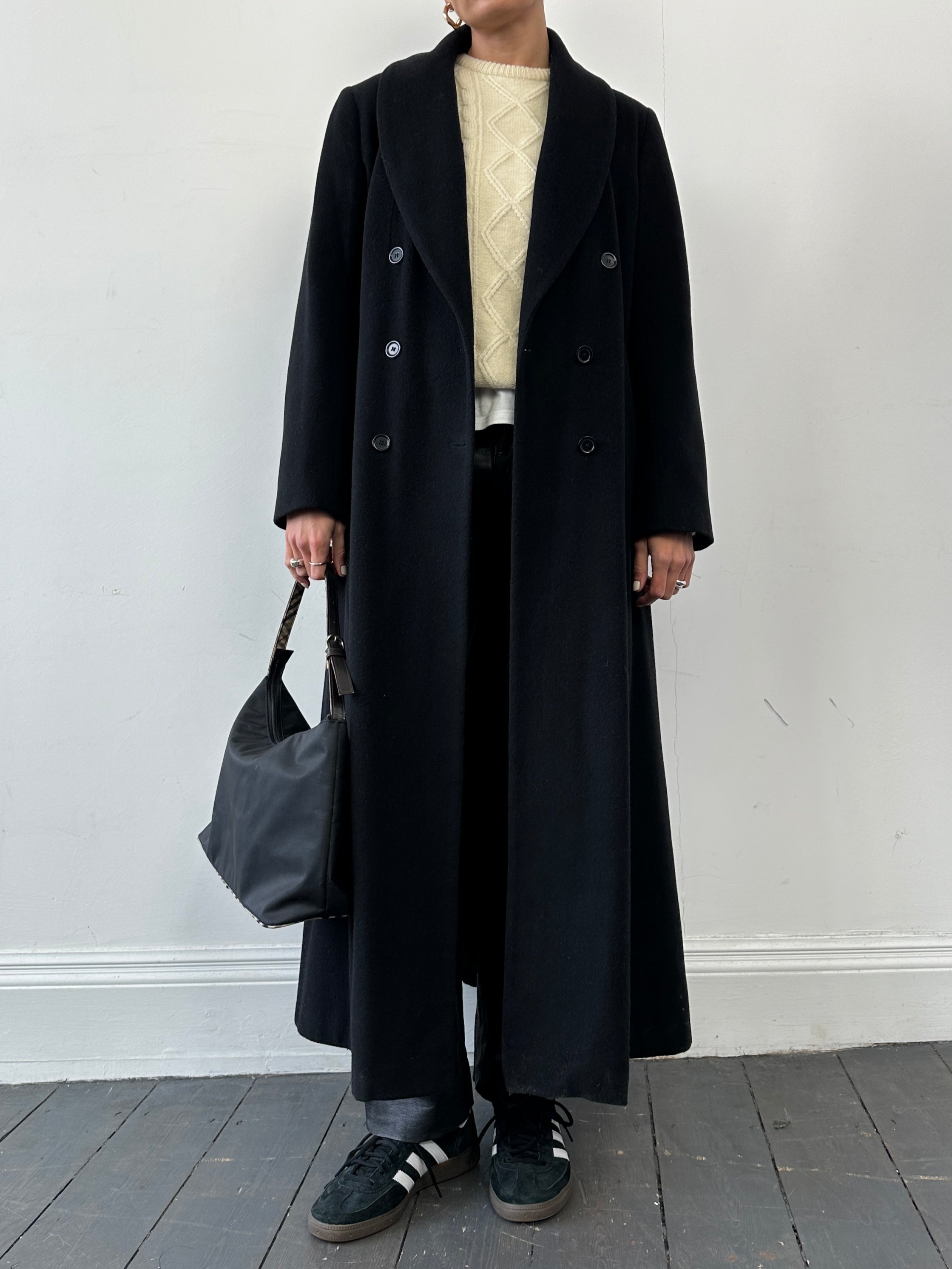 Vintage wool and cashmere double-breasted floor-length coat, stylish and warm, shown on a mannequin with neutral background.