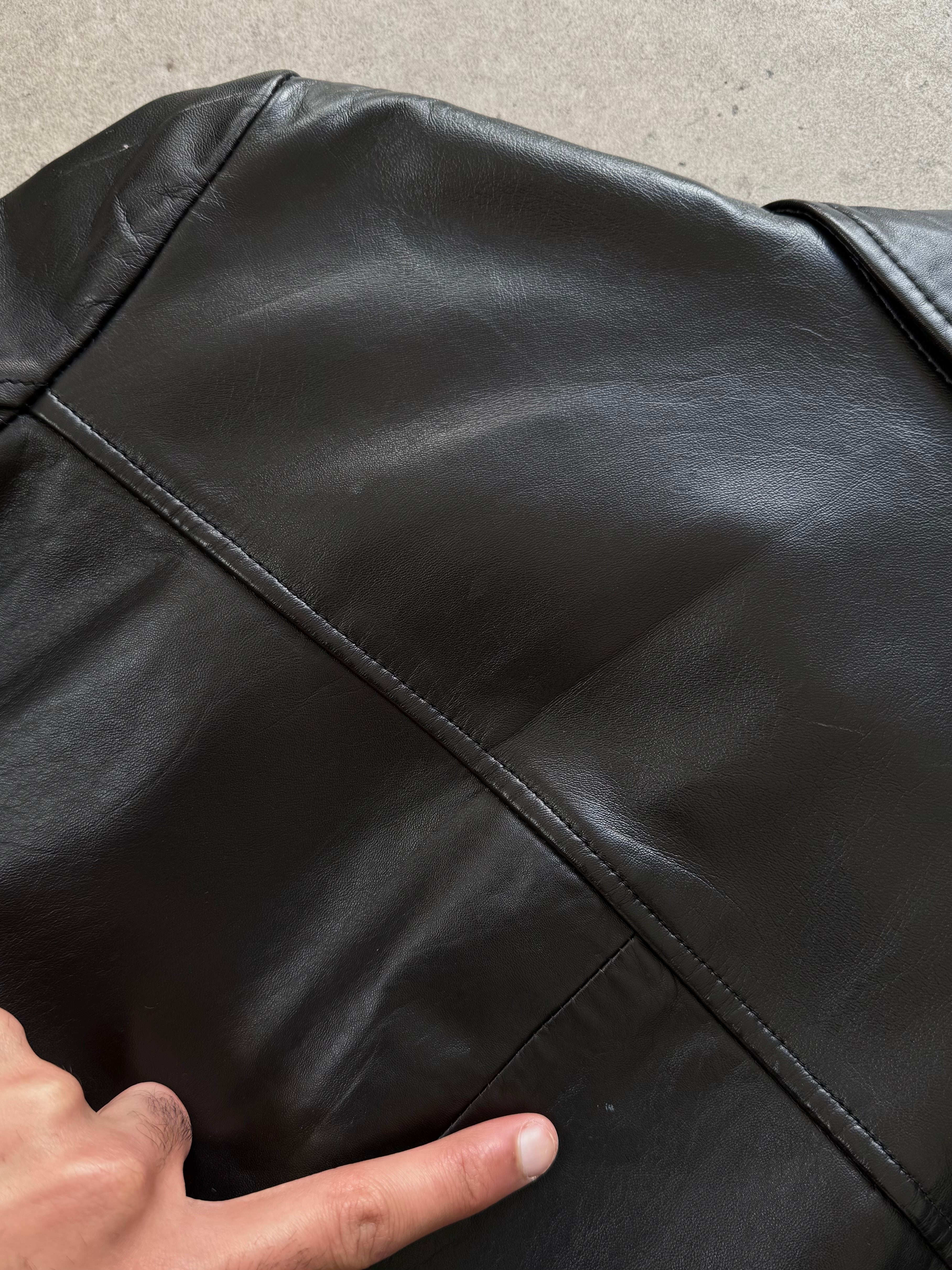 Vintage 1990s smooth leather cropped jacket, small size, stylish retro leather jacket with a sleek finish.